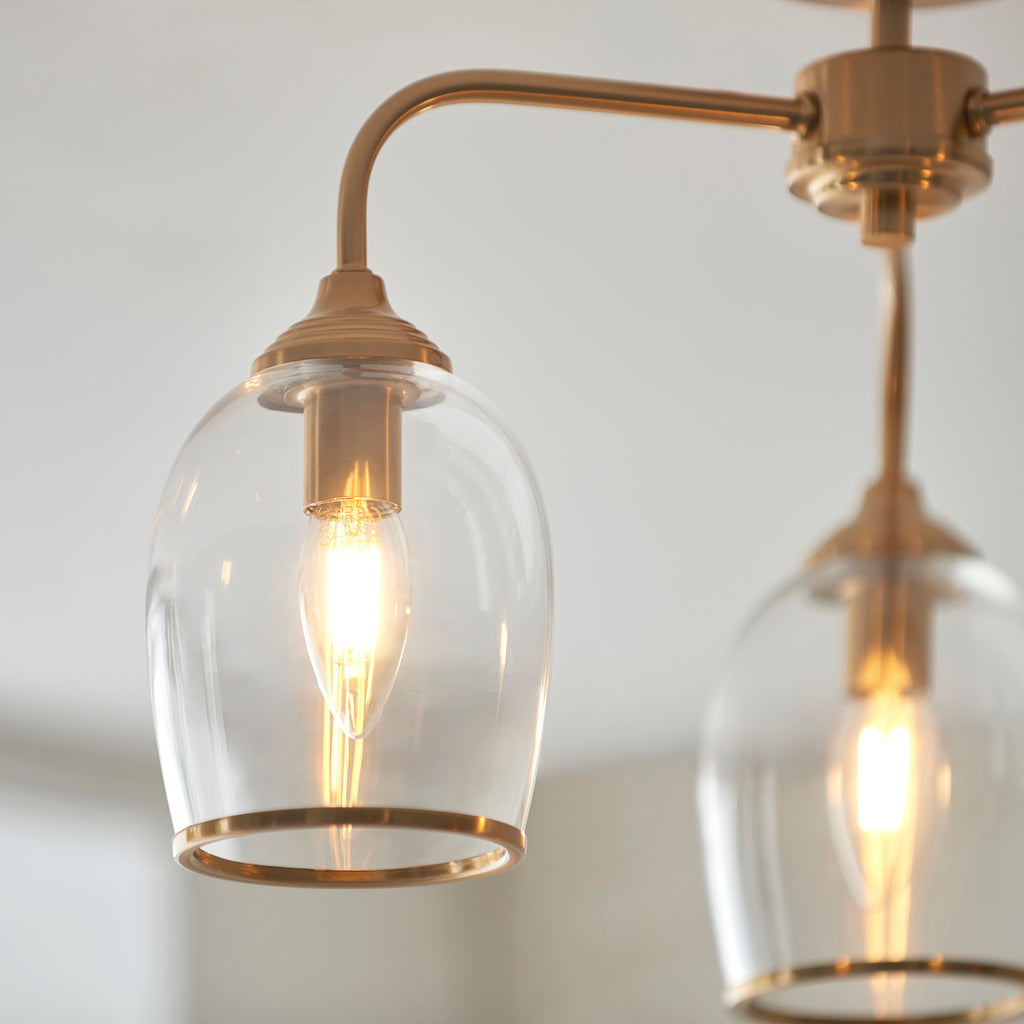 Endon Ashcroft 3 Light Semi Flush Fitting Brushed Aged Brass and Clear Glass