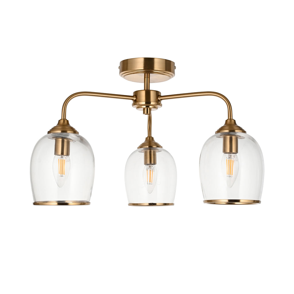 Endon Ashcroft 3 Light Semi Flush Fitting Brushed Aged Brass and Clear Glass
