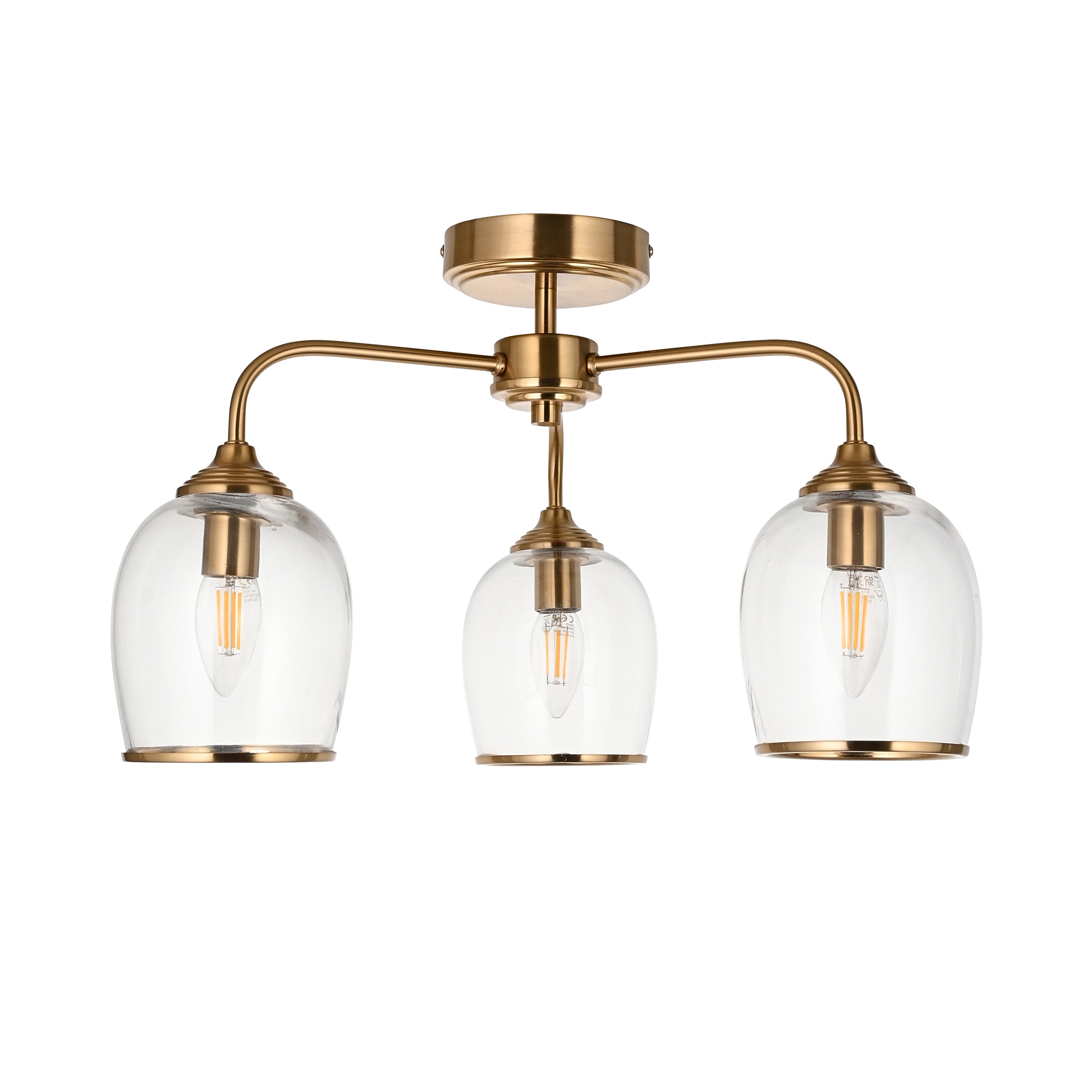 Endon Ashcroft 3 Light Semi Flush Fitting Brushed Aged Brass and Clear Glass