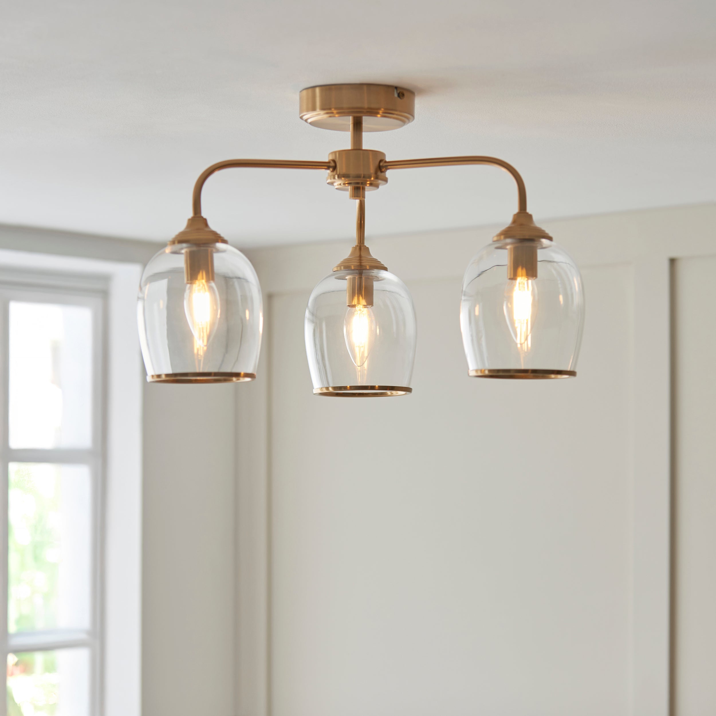 Endon Ashcroft 3 Light Semi Flush Fitting Brushed Aged Brass and Clear Glass