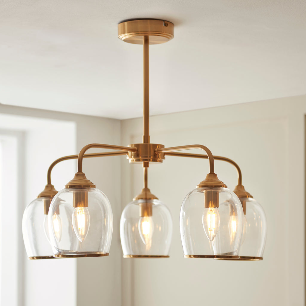 Endon Ashcroft 5 Light Pendant in Brushed Aged Brass and Clear Glass