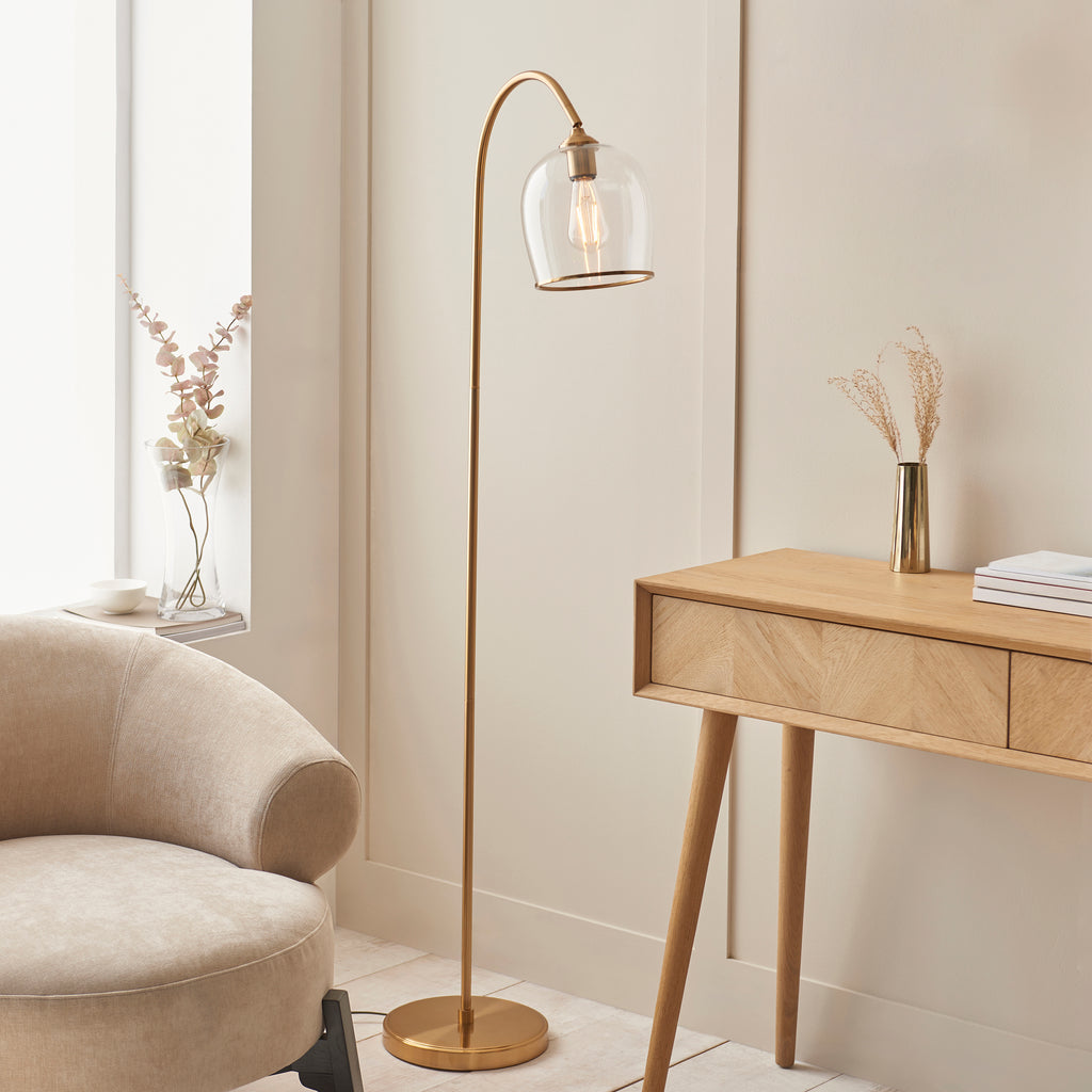 Endon Ashcroft Floor Lamp Brushed Aged Brass and Clear Glass