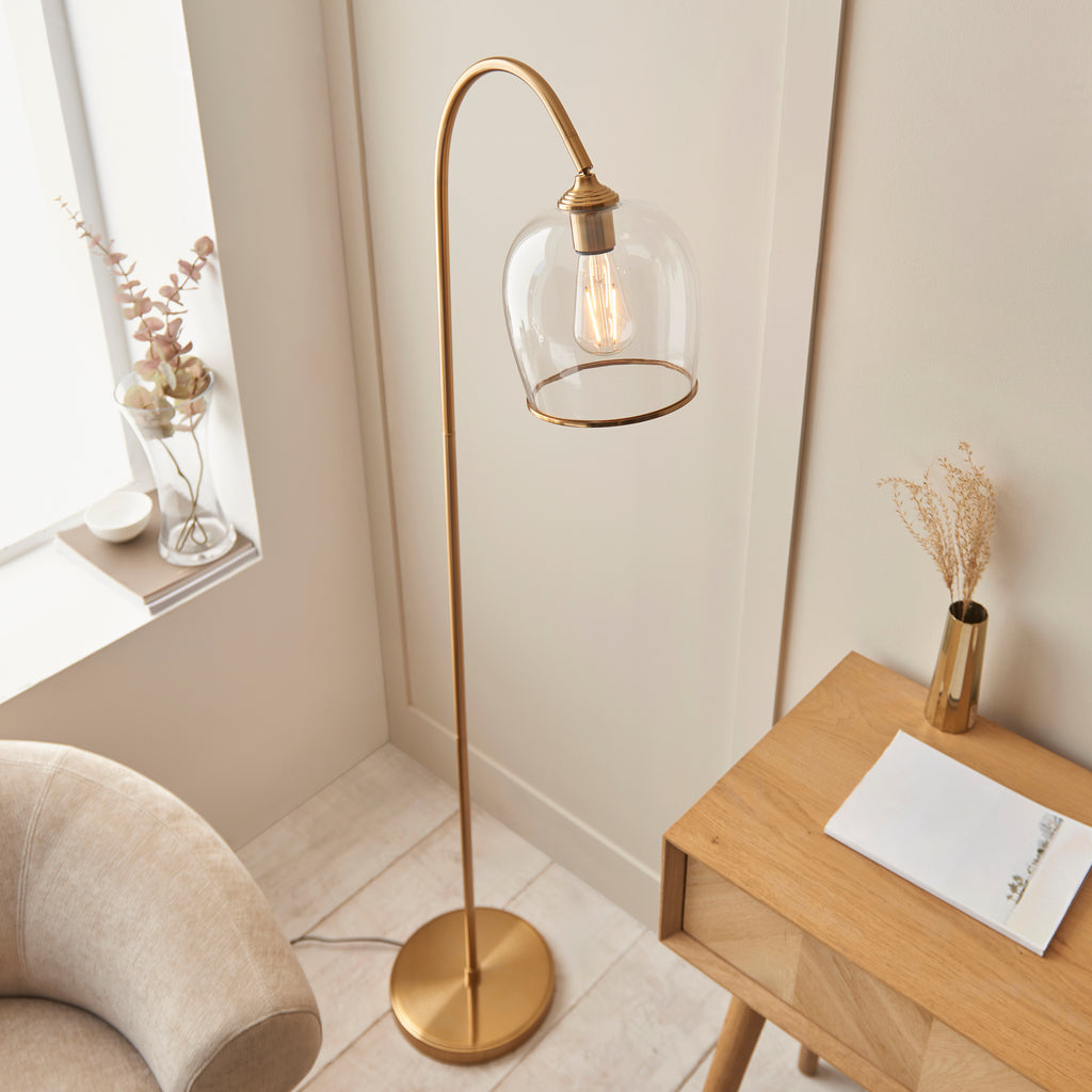 Endon Ashcroft Floor Lamp Brushed Aged Brass and Clear Glass