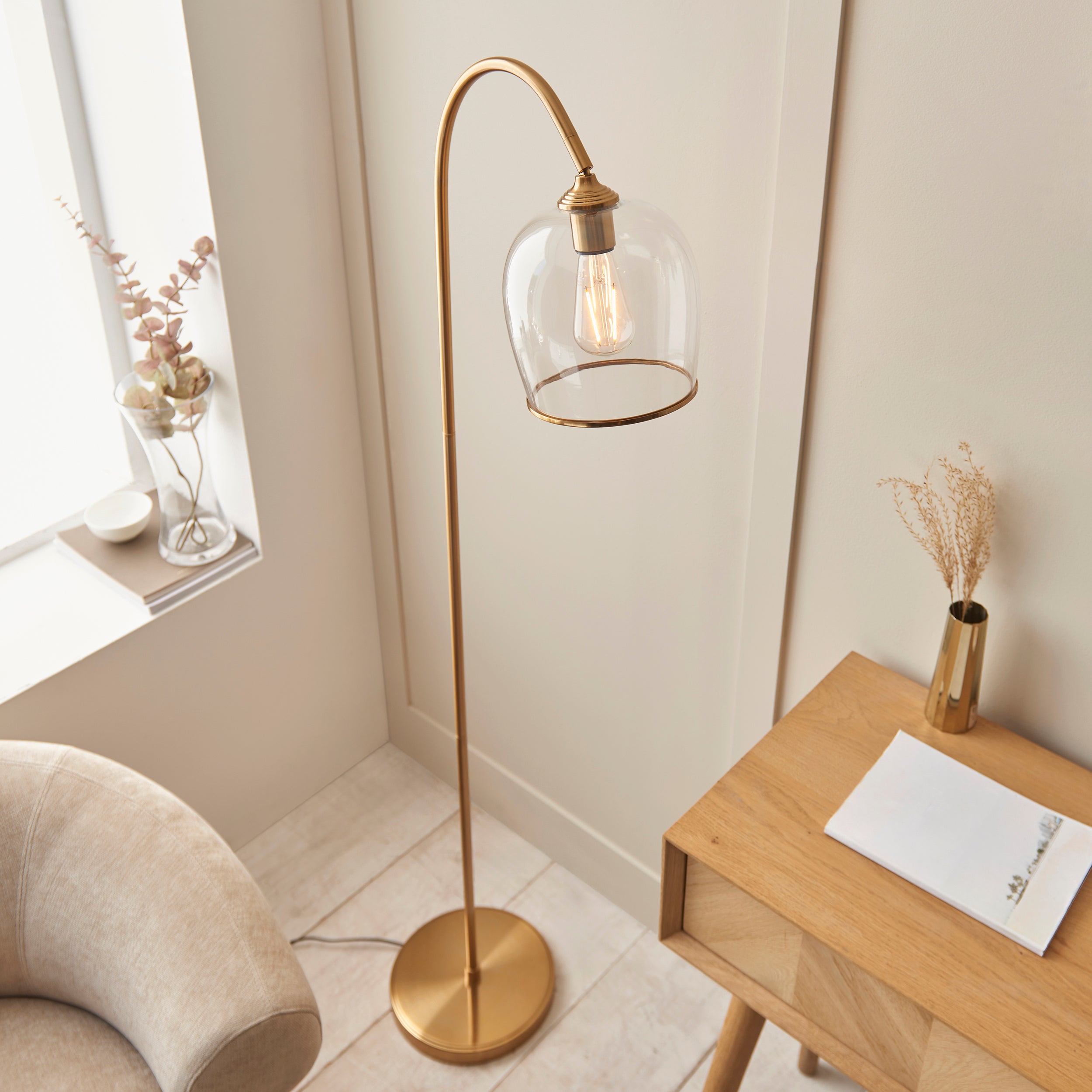 Endon Ashcroft Floor Lamp Brushed Aged Brass and Clear Glass