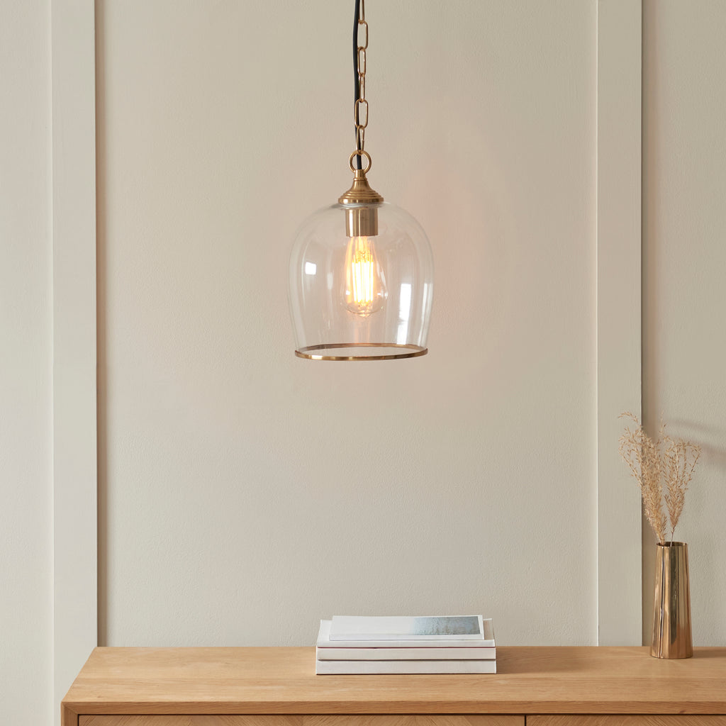 Endon Ashcroft Pendant Light Brushed Aged Brass and Clear Glass