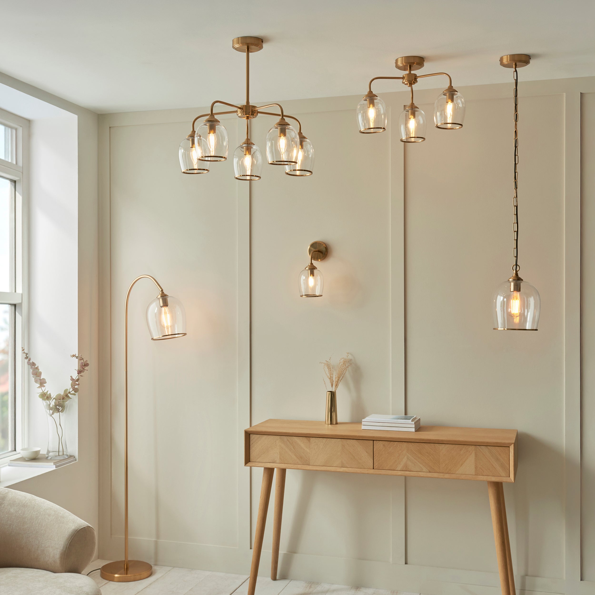 Endon Ashcroft Pendant Light Brushed Aged Brass and Clear Glass