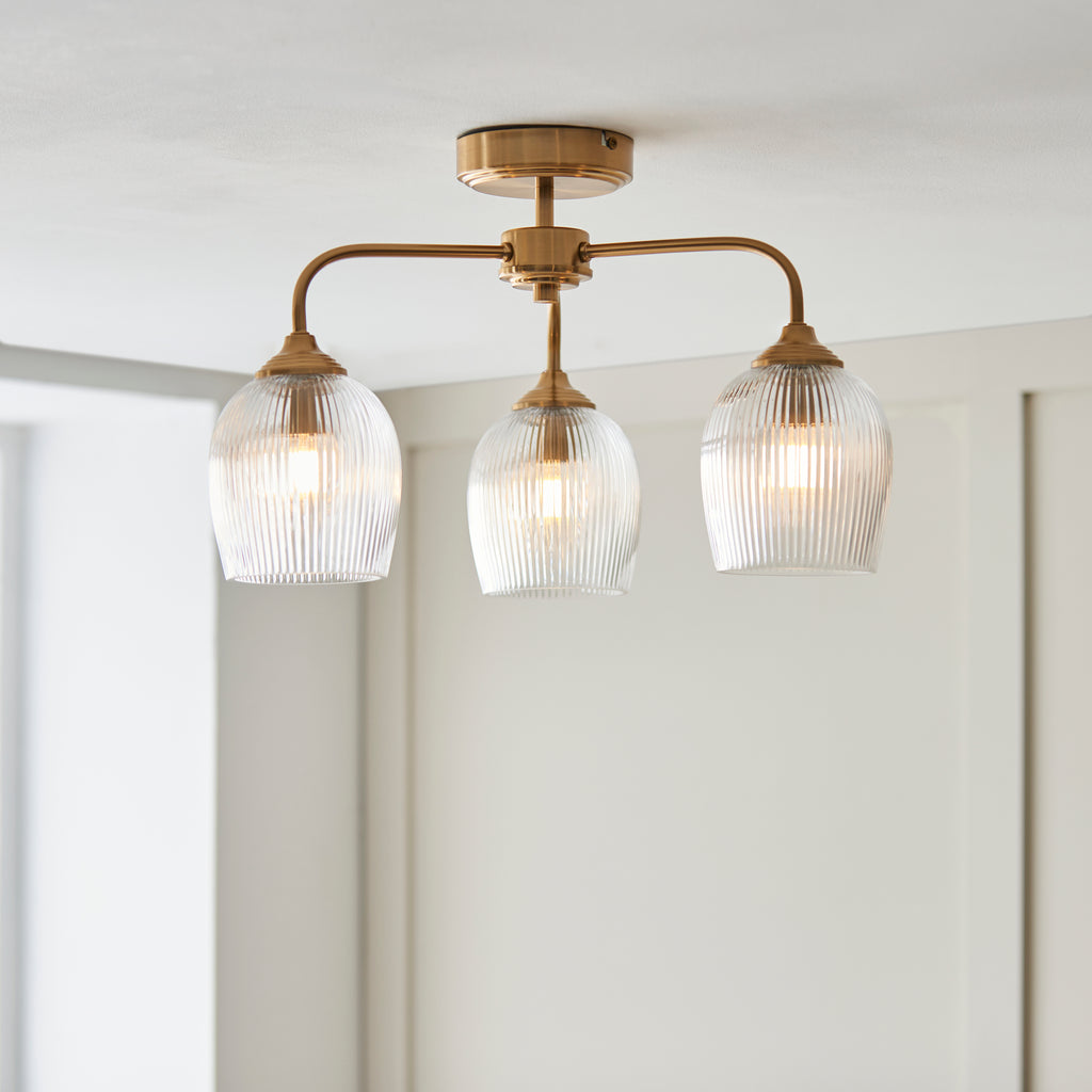 Endon Ashcroft Ribbed 3 Light Semi Flush Fitting Brushed Aged Brass and Clear Ribbed Glass