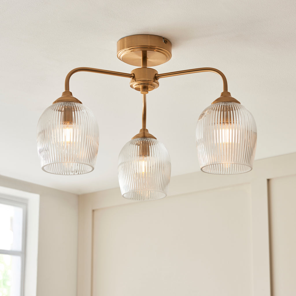 Endon Ashcroft Ribbed 3 Light Semi Flush Fitting Brushed Aged Brass and Clear Ribbed Glass