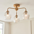 Endon Ashcroft Ribbed 3 Light Semi Flush Fitting Brushed Aged Brass and Clear Ribbed Glass