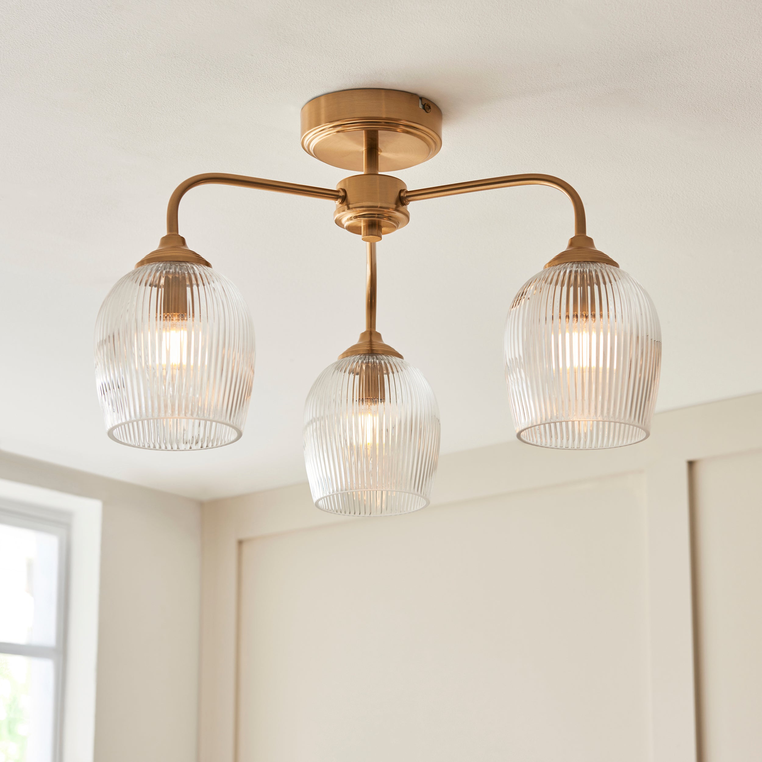 Endon Ashcroft Ribbed 3 Light Semi Flush Fitting Brushed Aged Brass and Clear Ribbed Glass