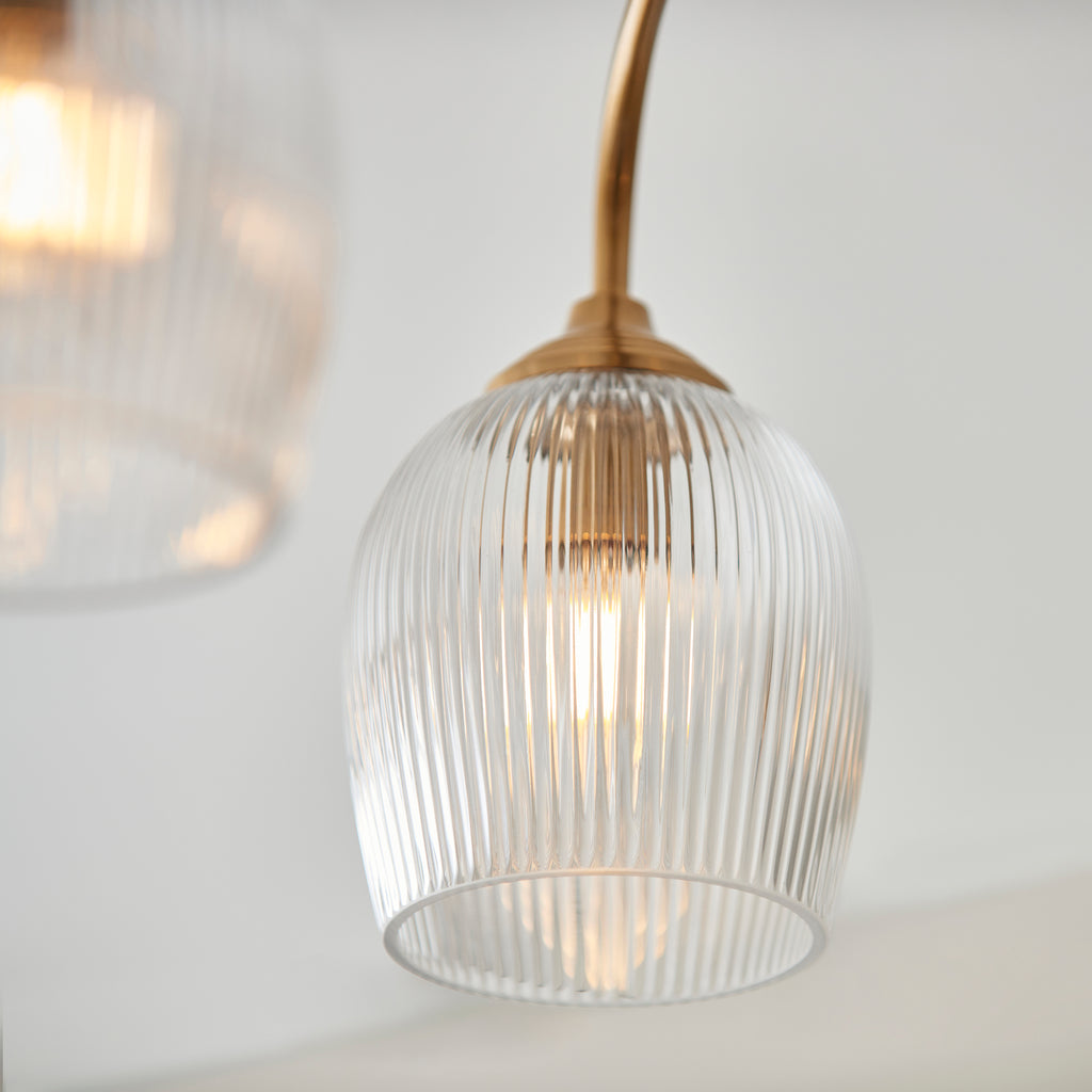 Endon Ashcroft Ribbed 3 Light Semi Flush Fitting Brushed Aged Brass and Clear Ribbed Glass
