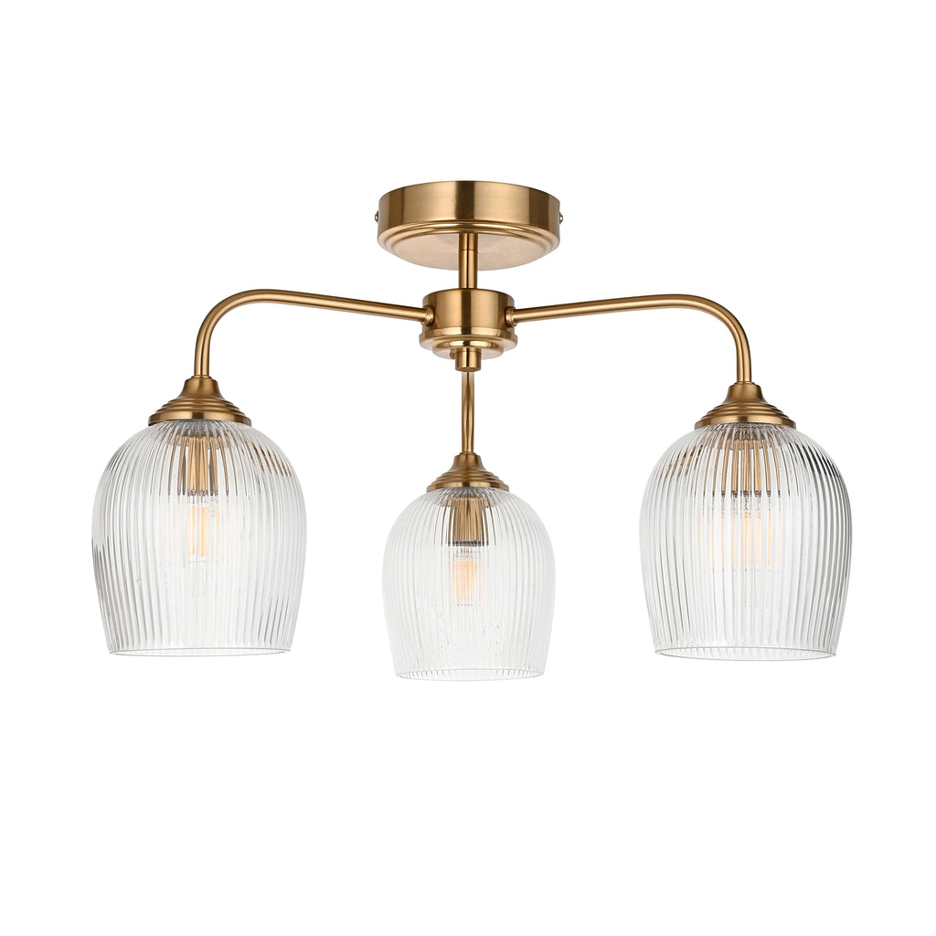 Endon Ashcroft Ribbed 3 Light Semi Flush Fitting Brushed Aged Brass and Clear Ribbed Glass