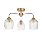 Endon Ashcroft Ribbed 3 Light Semi Flush Fitting Brushed Aged Brass and Clear Ribbed Glass