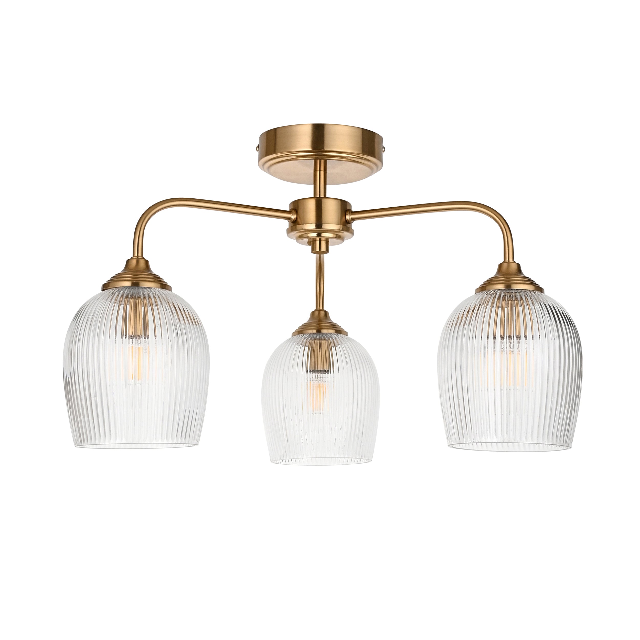 Endon Ashcroft Ribbed 3 Light Semi Flush Fitting Brushed Aged Brass and Clear Ribbed Glass