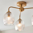 Endon Ashcroft Ribbed 3 Light Semi Flush Fitting Brushed Aged Brass and Clear Ribbed Glass
