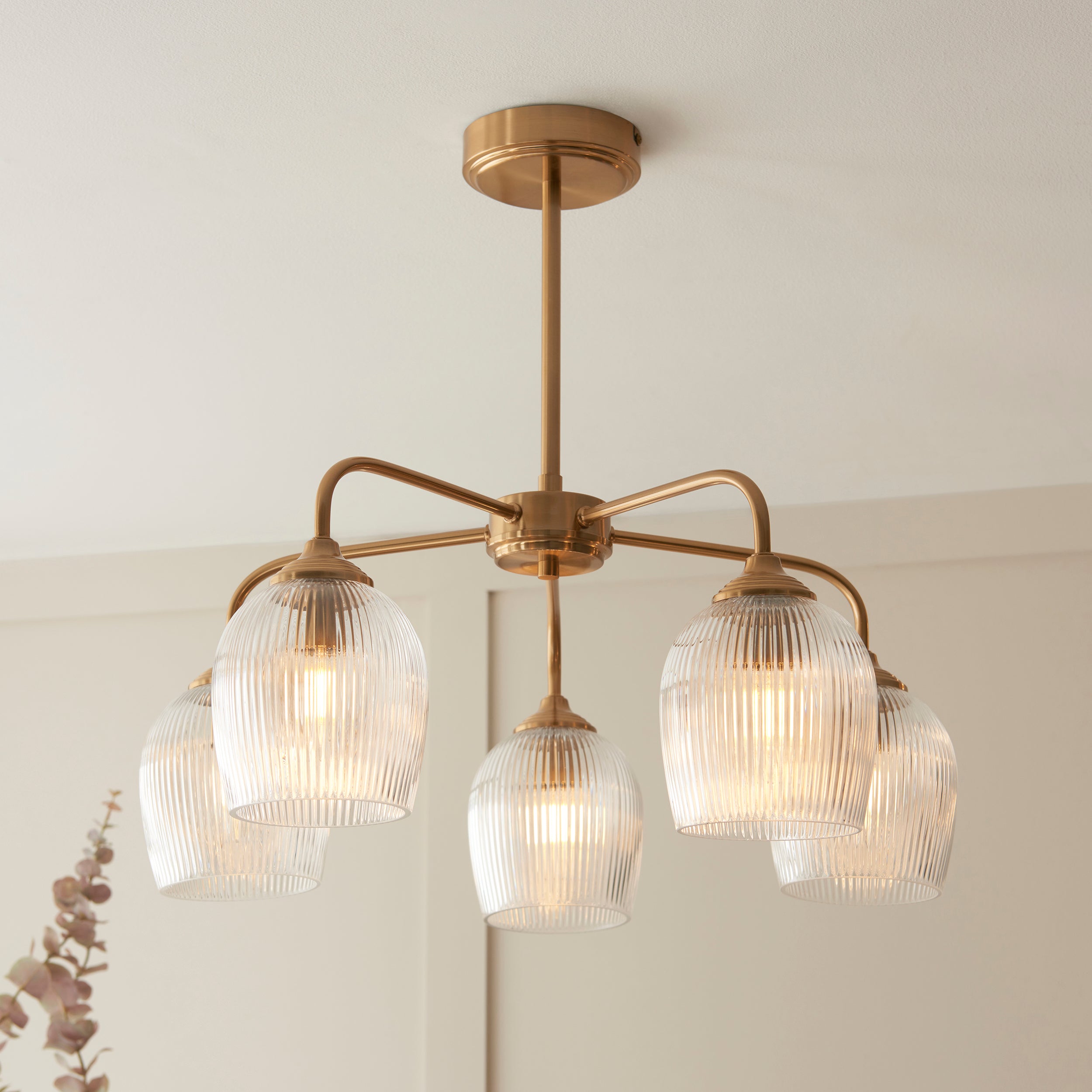 Endon Ashcroft Ribbed 5 Light Pendant in Brushed Aged Brass and Clear Ribbed Glass