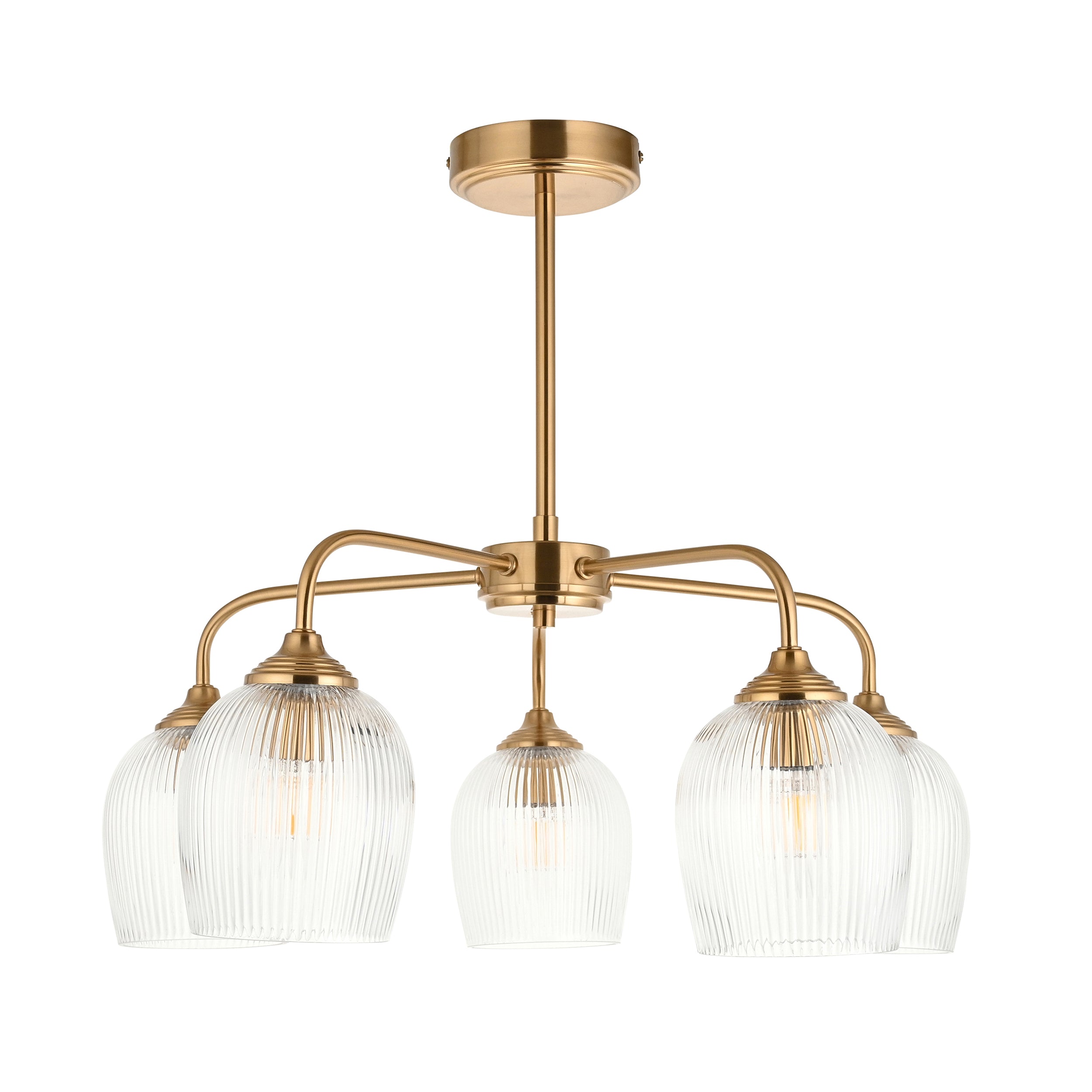 Endon Ashcroft Ribbed 5 Light Pendant in Brushed Aged Brass and Clear Ribbed Glass