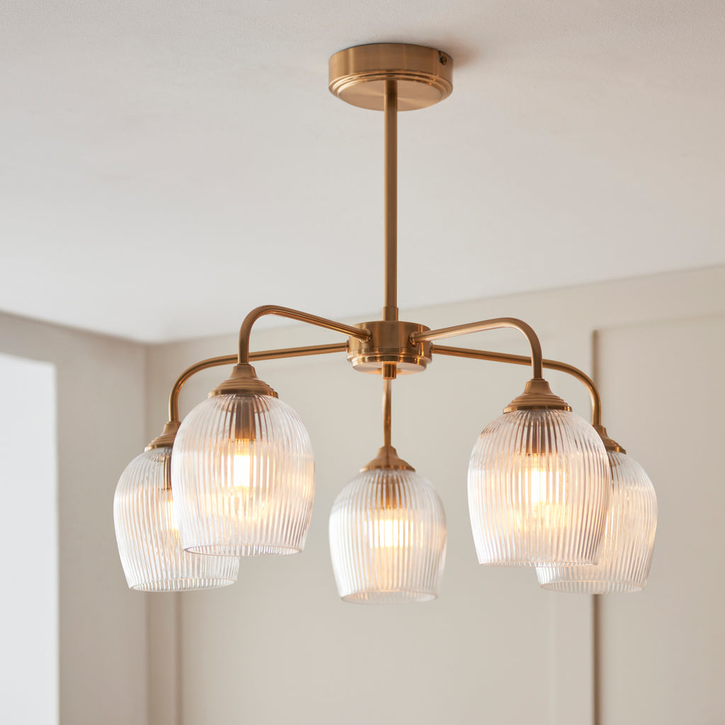 Endon Ashcroft Ribbed 5 Light Pendant in Brushed Aged Brass and Clear Ribbed Glass