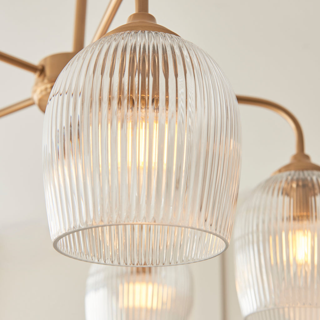 Endon Ashcroft Ribbed 5 Light Pendant in Brushed Aged Brass and Clear Ribbed Glass