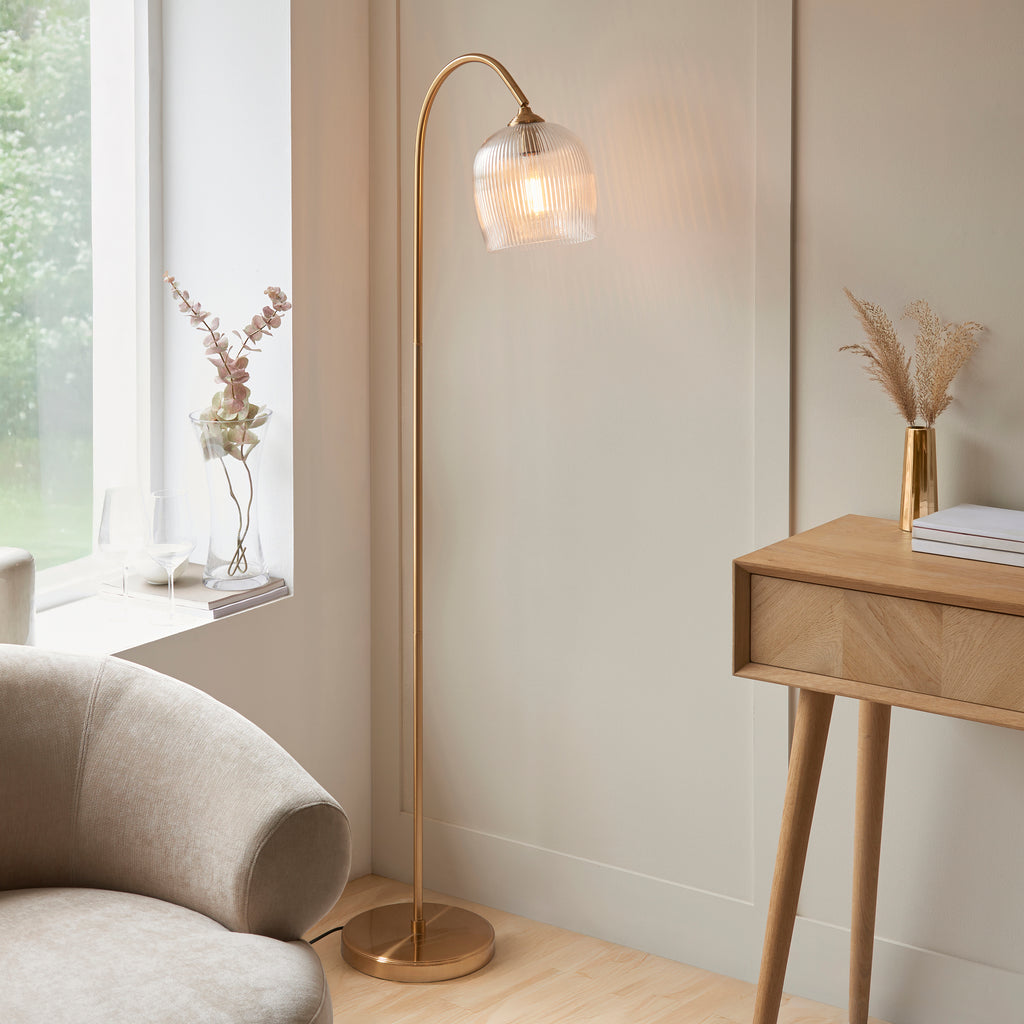 Endon Ashcroft Ribbed Floor Lamp Brushed Aged Brass and Clear Ribbed Glass
