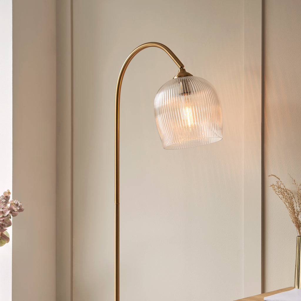 Endon Ashcroft Ribbed Floor Lamp Brushed Aged Brass and Clear Ribbed Glass