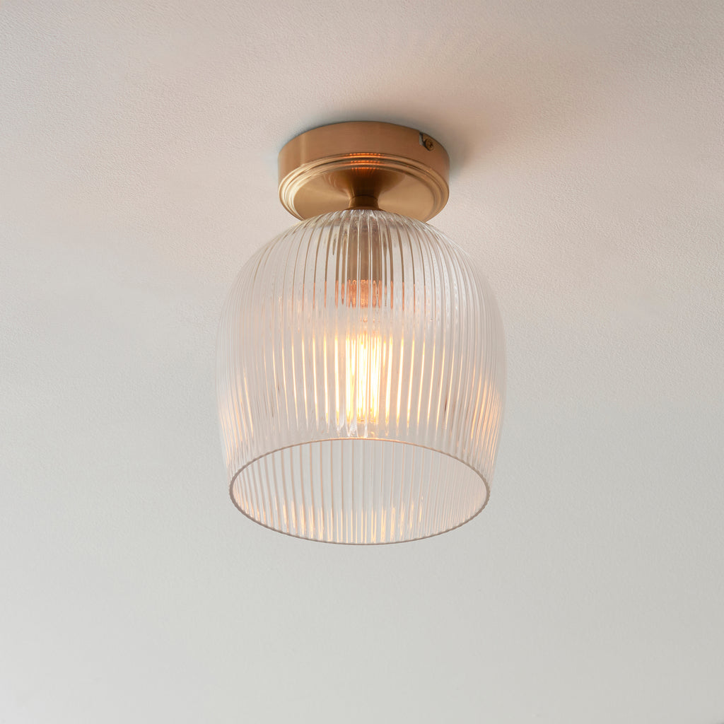 Endon Ashcroft Ribbed Flush Ceiling Light Brushed Aged Brass and Clear Ribbed Glass