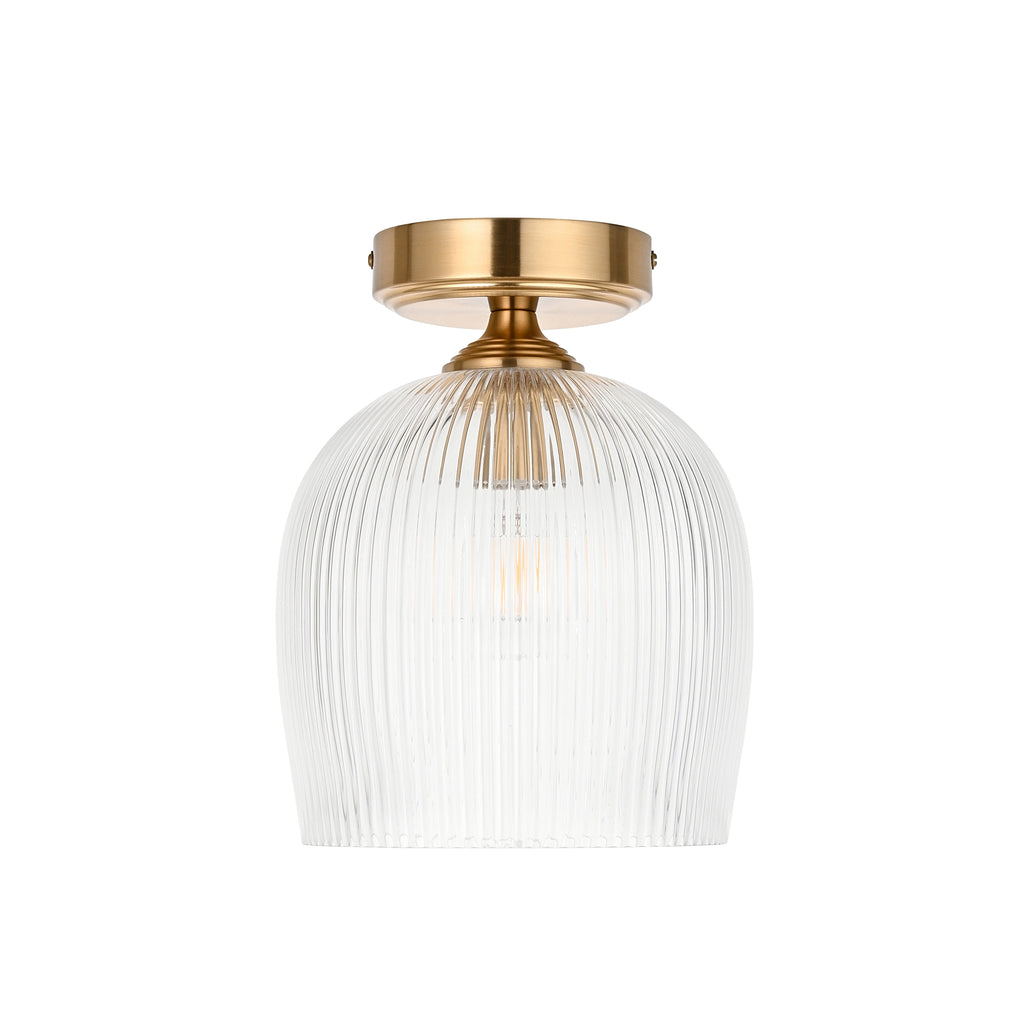 Endon Ashcroft Ribbed Flush Ceiling Light Brushed Aged Brass and Clear Ribbed Glass