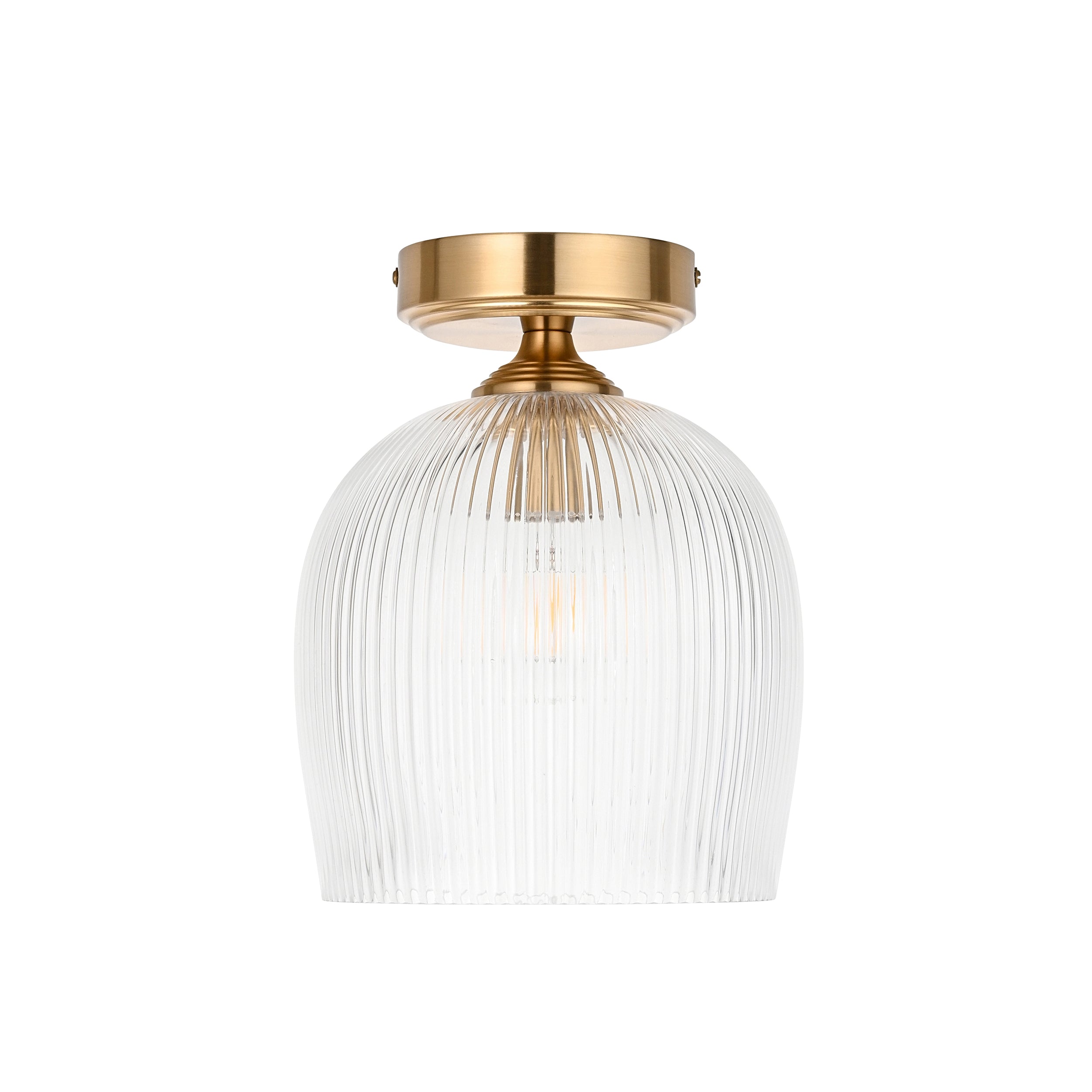 Endon Ashcroft Ribbed Flush Ceiling Light Brushed Aged Brass and Clear Ribbed Glass