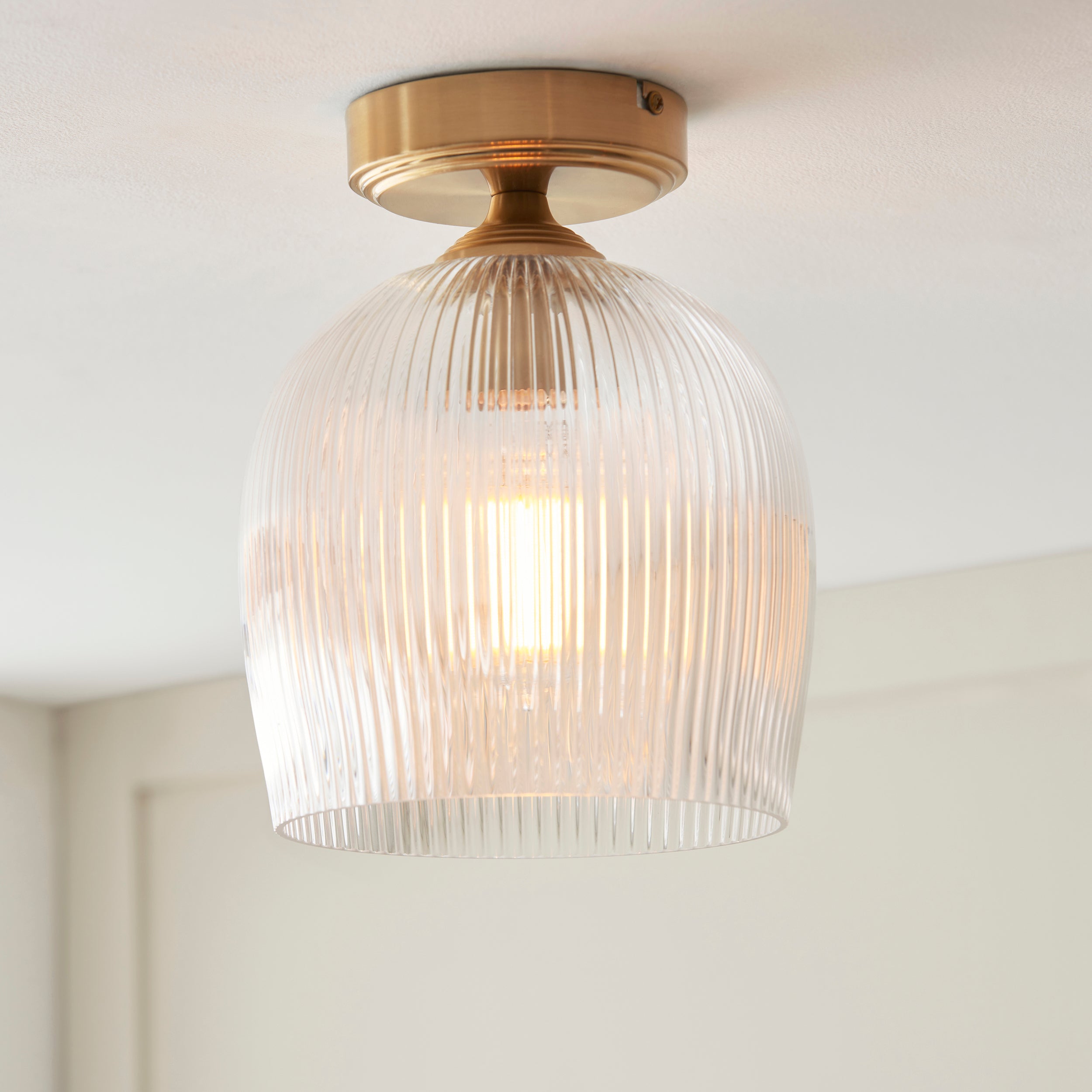 Endon Ashcroft Ribbed Flush Ceiling Light Brushed Aged Brass and Clear Ribbed Glass