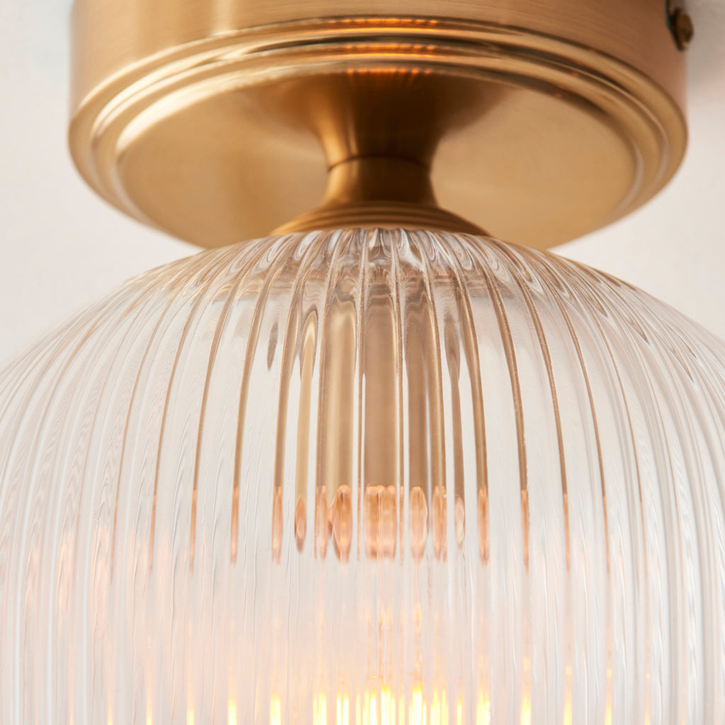 Endon Ashcroft Ribbed Flush Ceiling Light Brushed Aged Brass and Clear Ribbed Glass