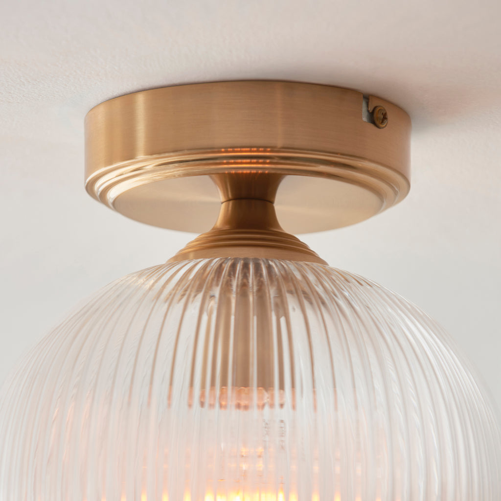 Endon Ashcroft Ribbed Flush Ceiling Light Brushed Aged Brass and Clear Ribbed Glass