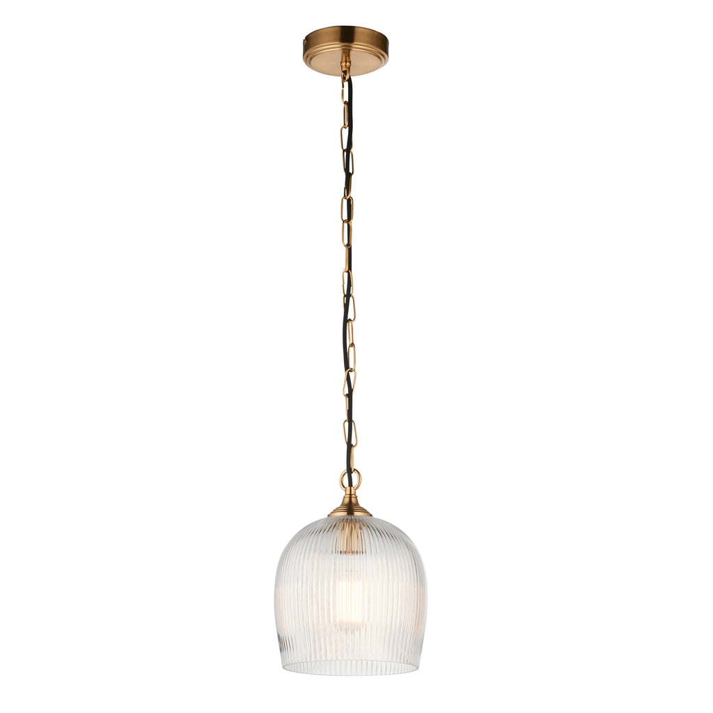 Endon Ashcroft Ribbed Pendant Light Brushed Aged Brass and Clear Ribbed Glass