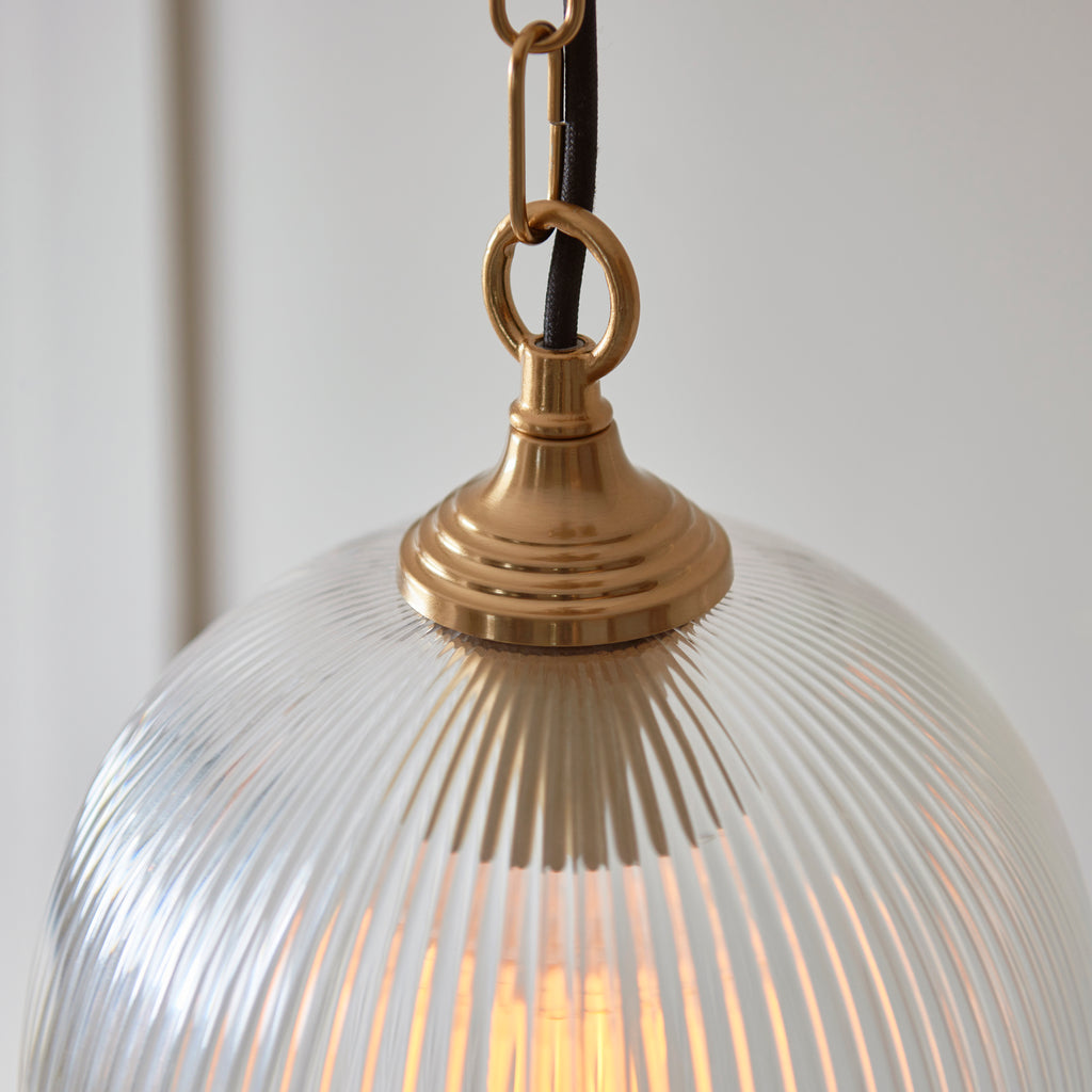 Endon Ashcroft Ribbed Pendant Light Brushed Aged Brass and Clear Ribbed Glass