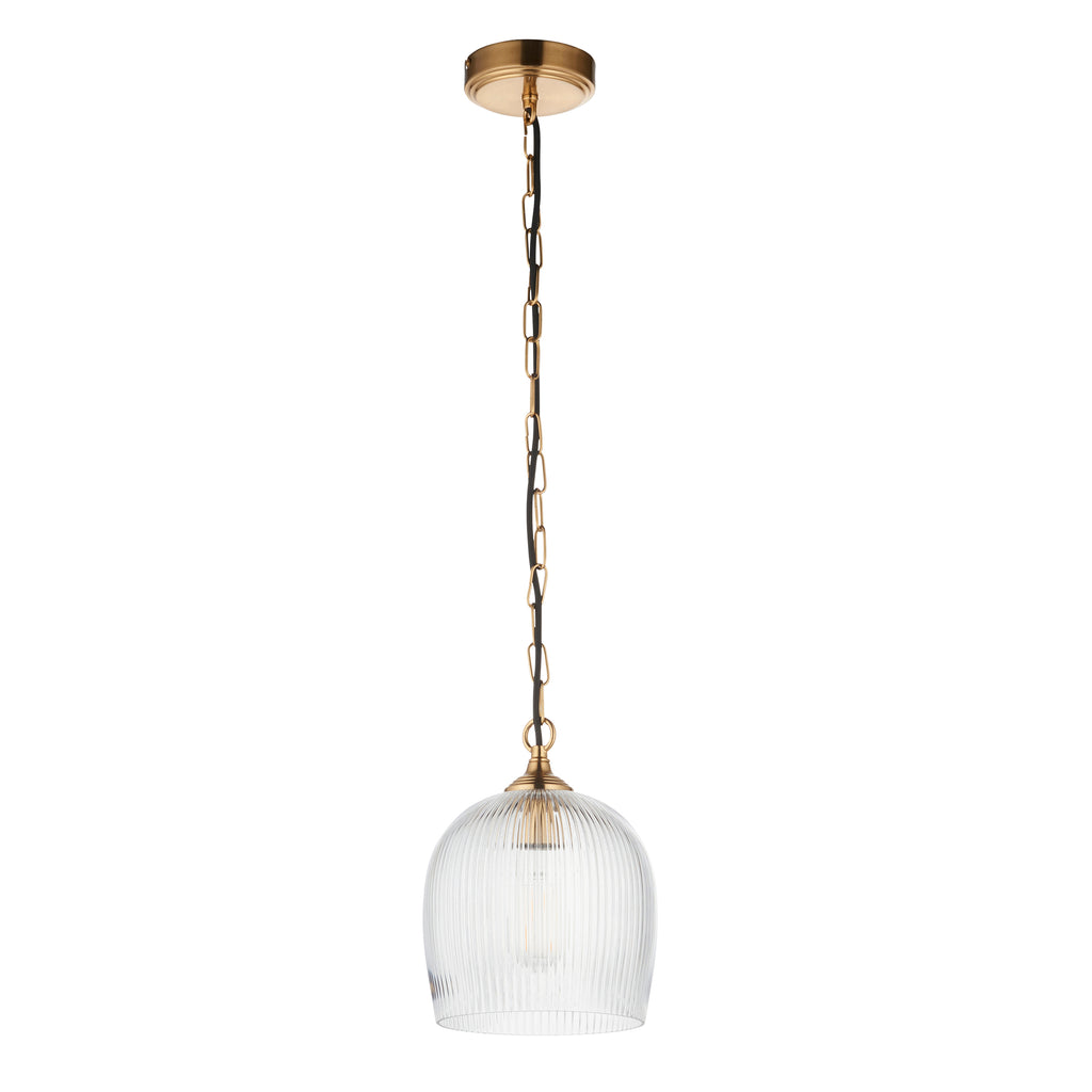 Endon Ashcroft Ribbed Pendant Light Brushed Aged Brass and Clear Ribbed Glass