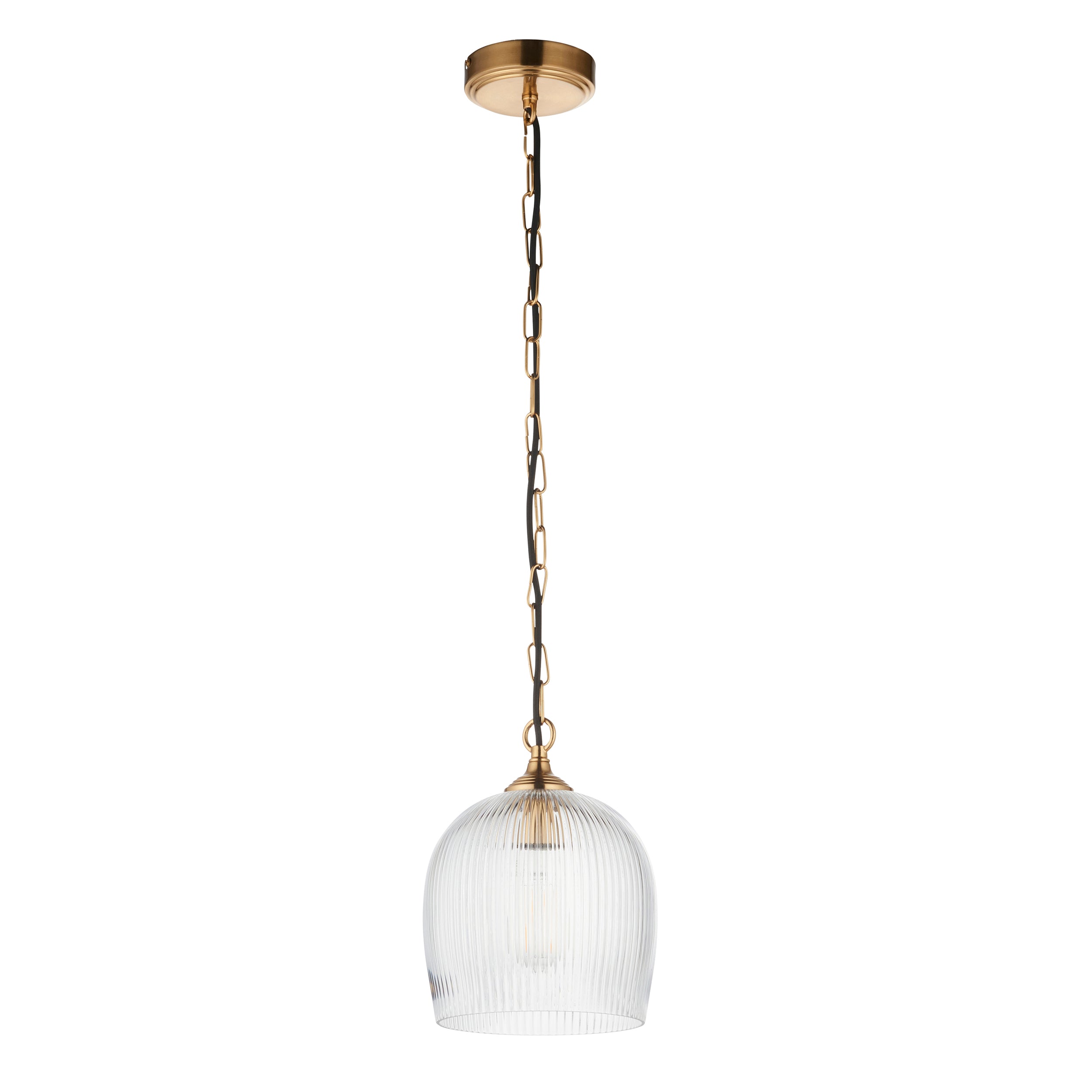 Endon Ashcroft Ribbed Pendant Light Brushed Aged Brass and Clear Ribbed Glass