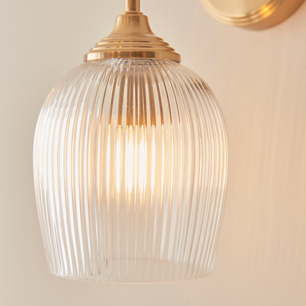 Endon Ashcroft Ribbed Wall Light in Brushed Aged Brass and Clear Ribbed Glass