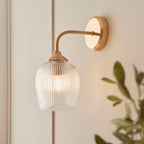 Endon Ashcroft Ribbed Wall Light in Brushed Aged Brass and Clear Ribbed Glass