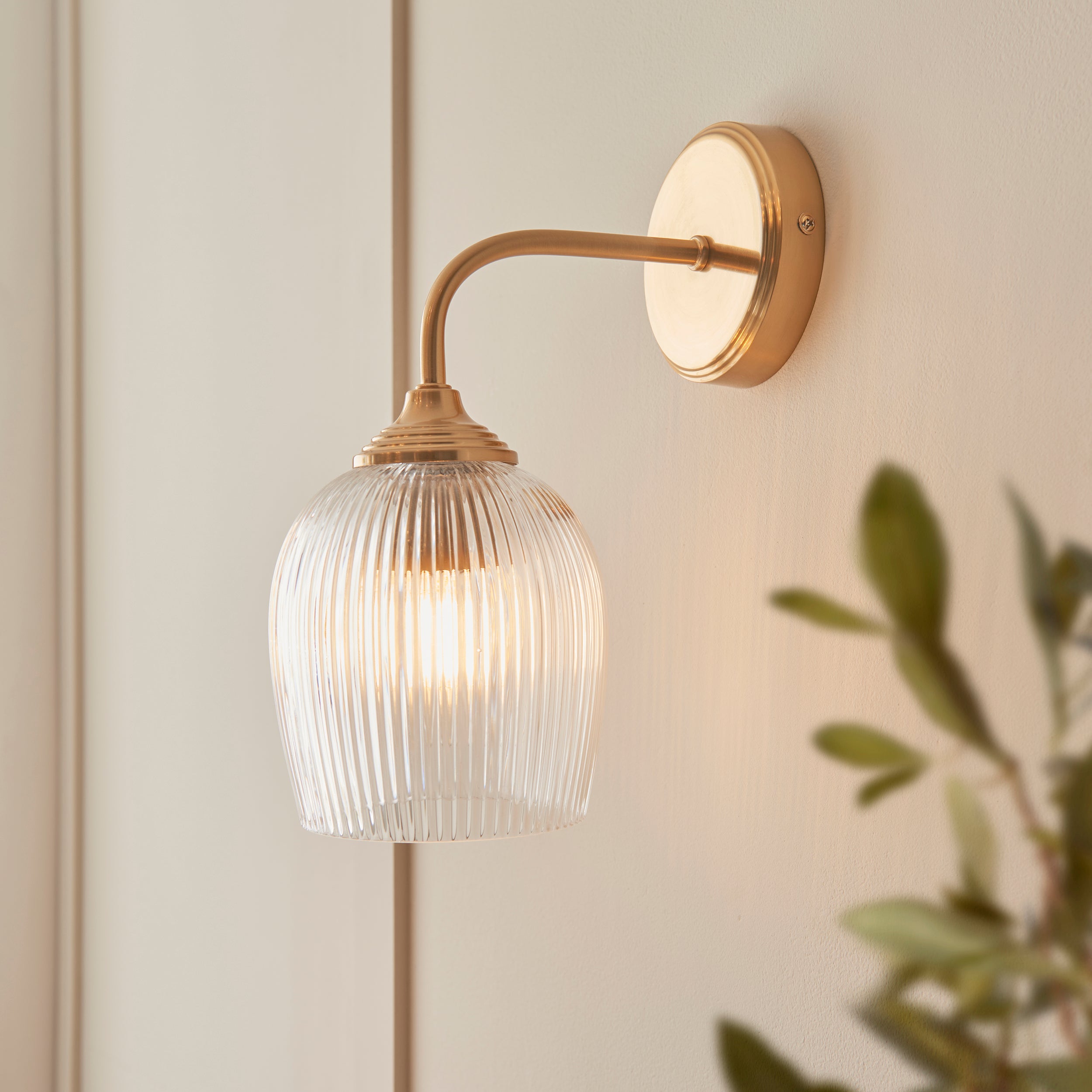 Endon Ashcroft Ribbed Wall Light in Brushed Aged Brass and Clear Ribbed Glass