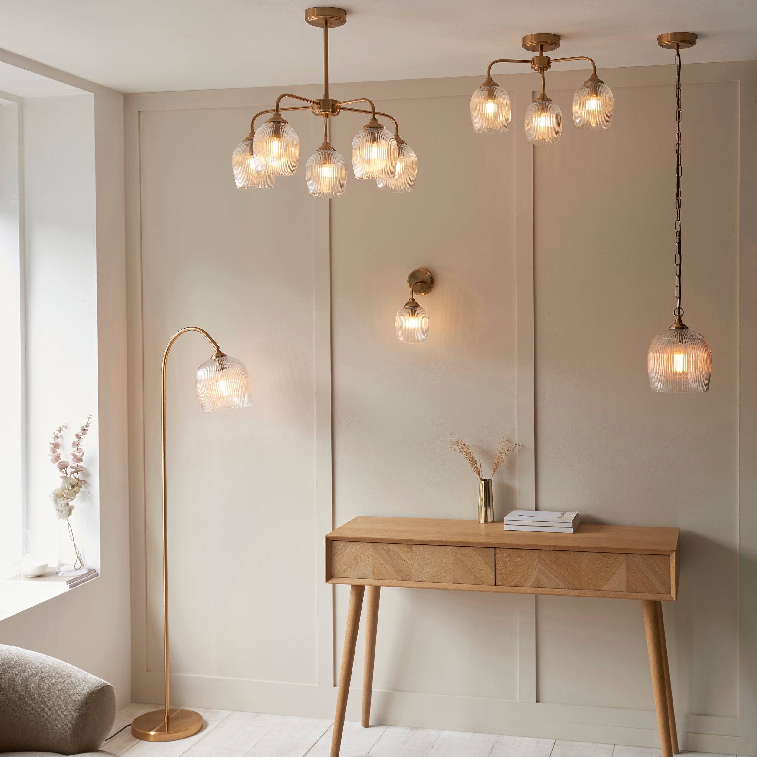 Endon Ashcroft Ribbed Wall Light in Brushed Aged Brass and Clear Ribbed Glass