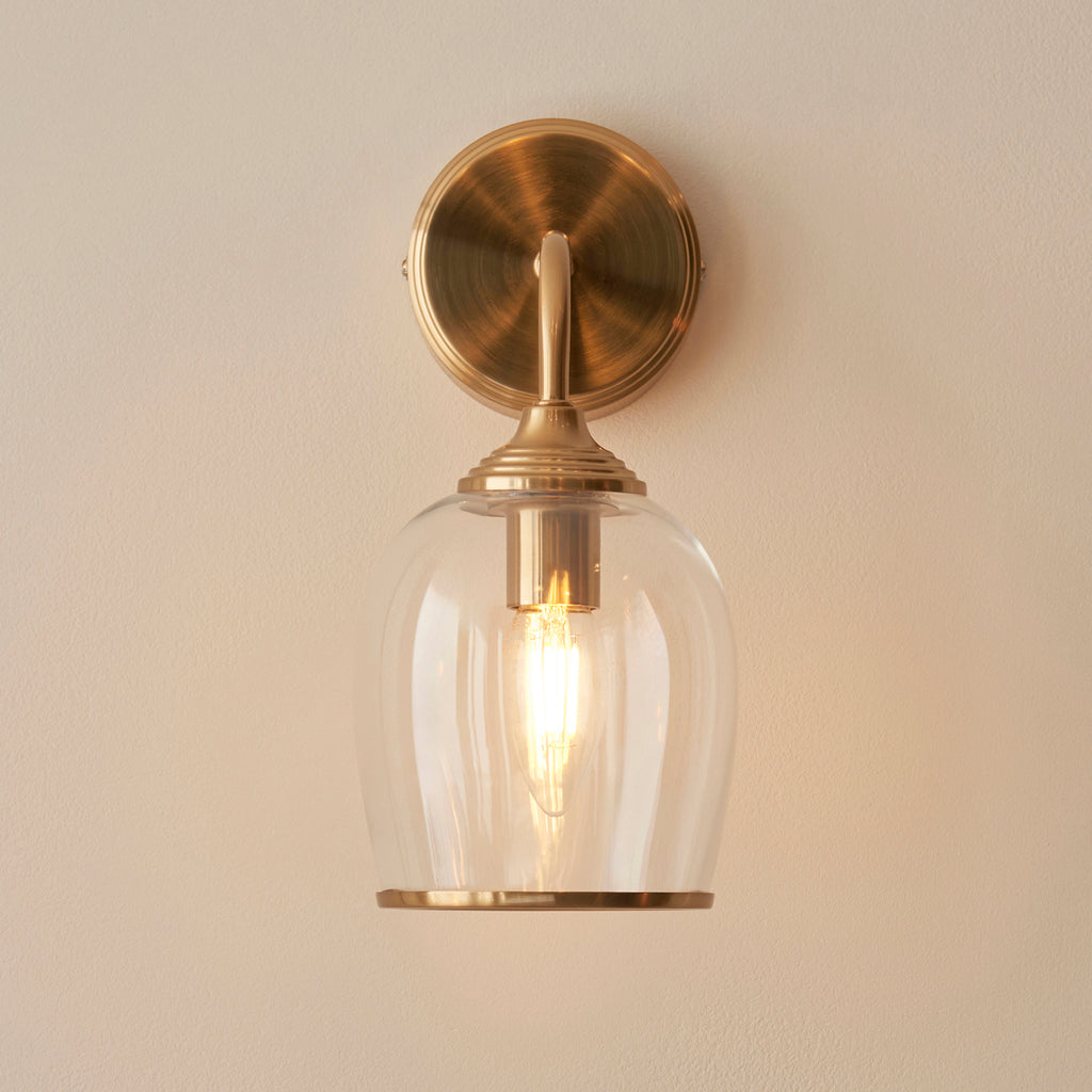Endon Ashcroft Wall Light in Brushed Aged Brass and Clear Glass