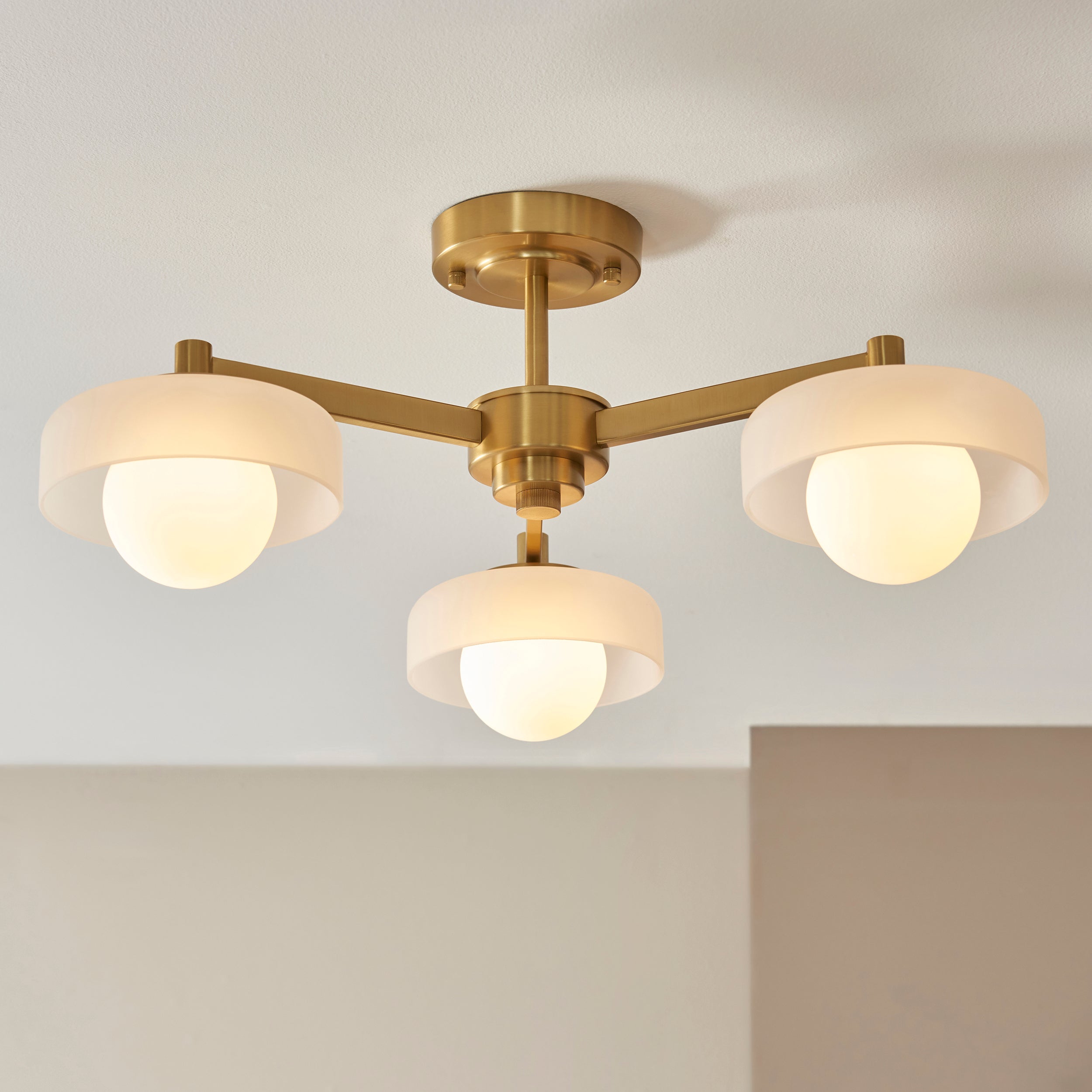 Endon Boss 3 Light Semi Flush Fitting Brushed Aged Brass With Frosted and Opal Glass