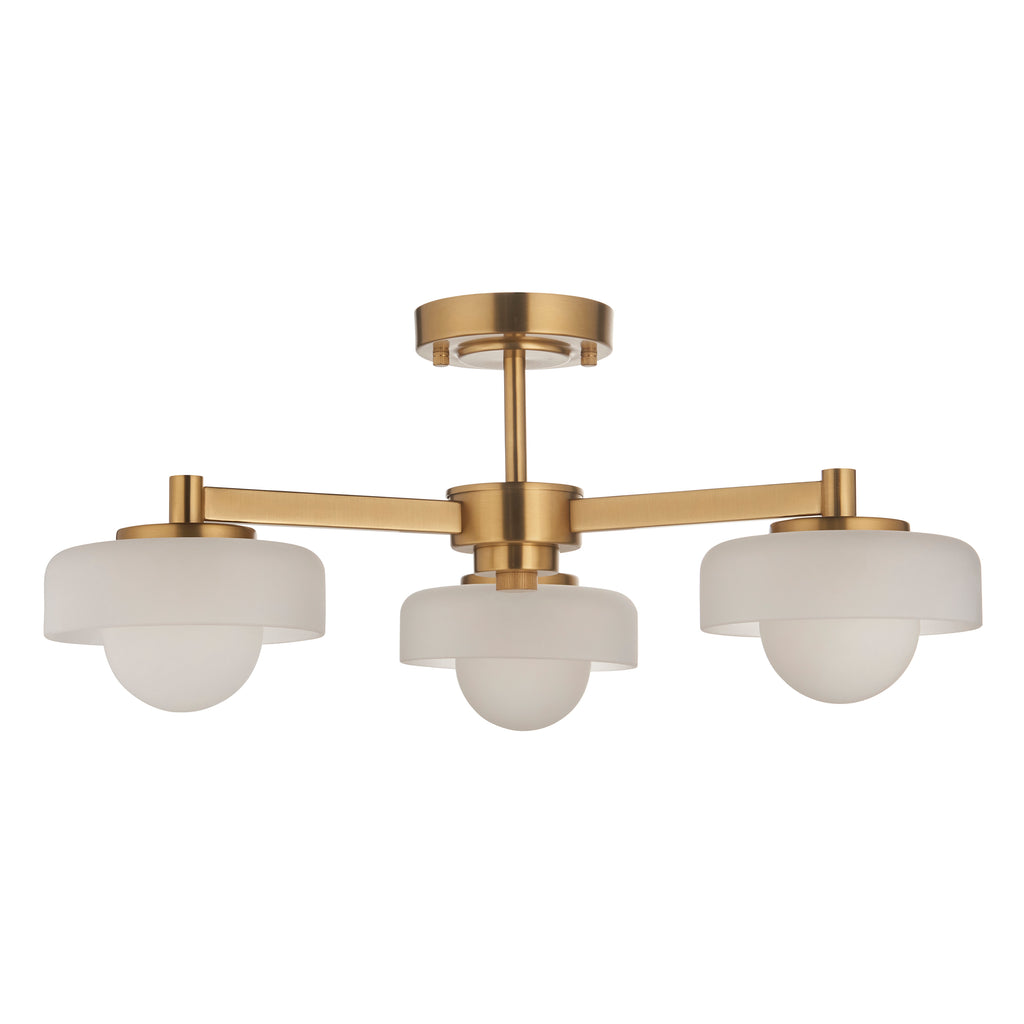 Endon Boss 3 Light Semi Flush Fitting Brushed Aged Brass With Frosted and Opal Glass