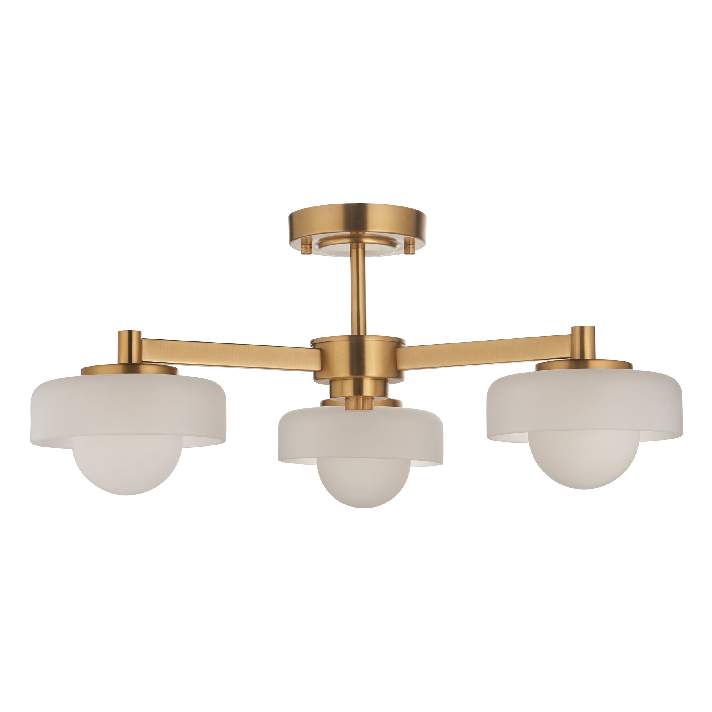 Endon Boss 3 Light Semi Flush Fitting Brushed Aged Brass With Frosted and Opal Glass