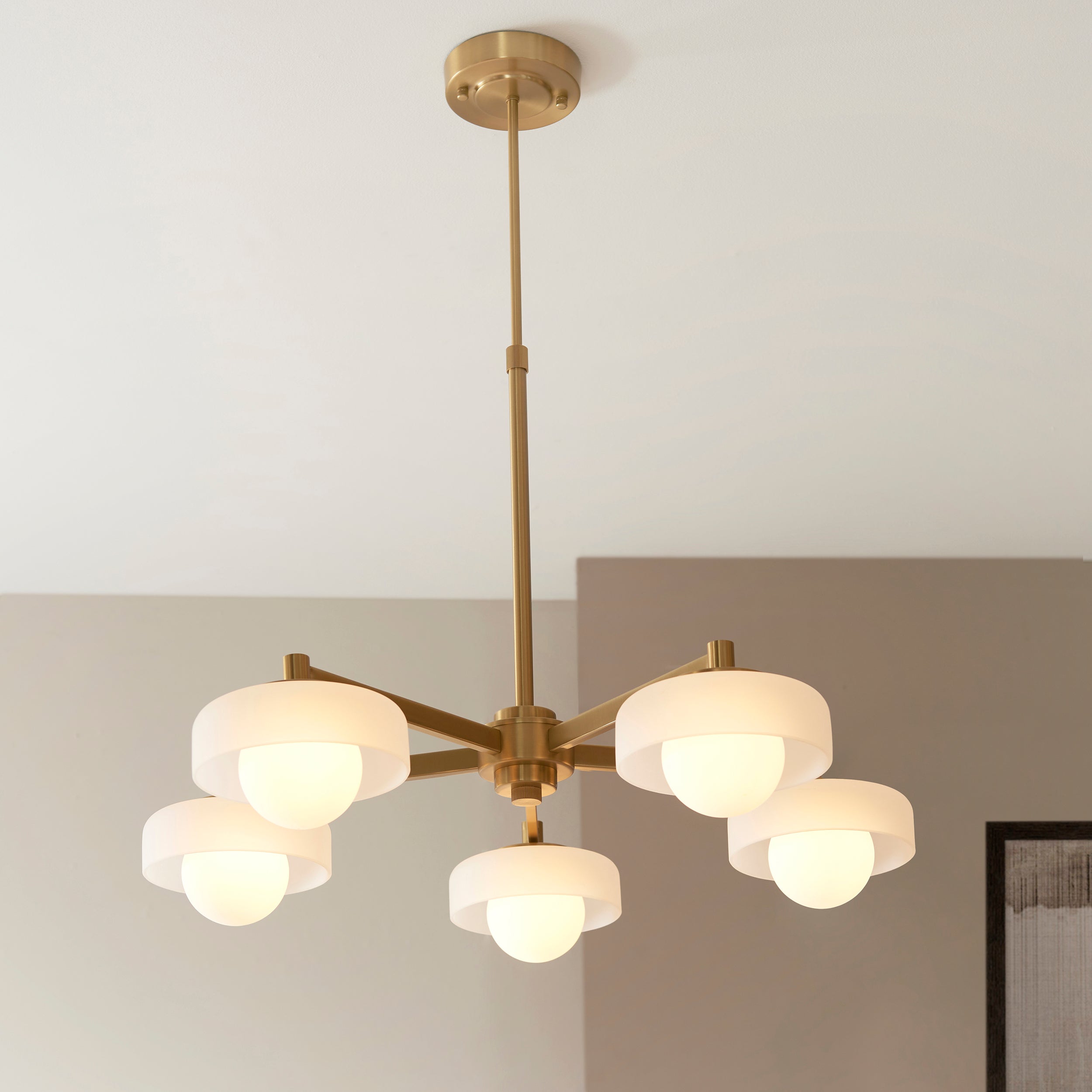Endon Boss 5 Light Pendant in Brushed Aged Brass With Frosted and Opal Glass