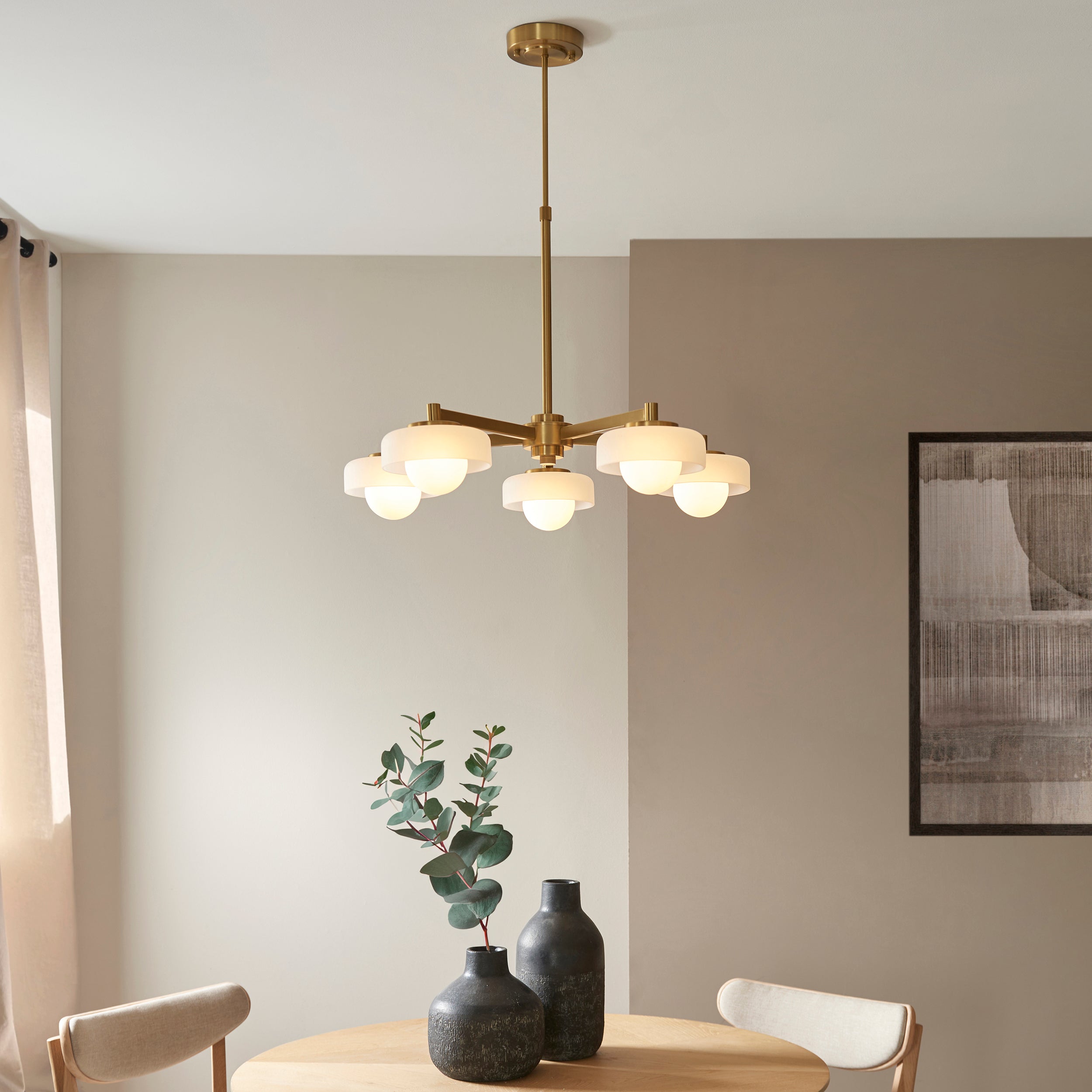 Endon Boss 5 Light Pendant in Brushed Aged Brass With Frosted and Opal Glass