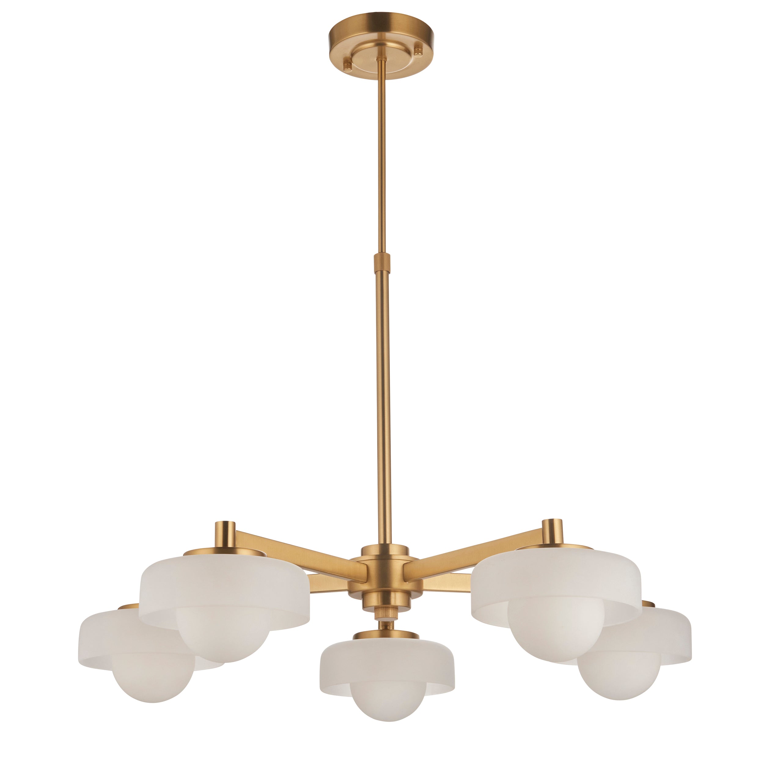 Endon Boss 5 Light Pendant in Brushed Aged Brass With Frosted and Opal Glass