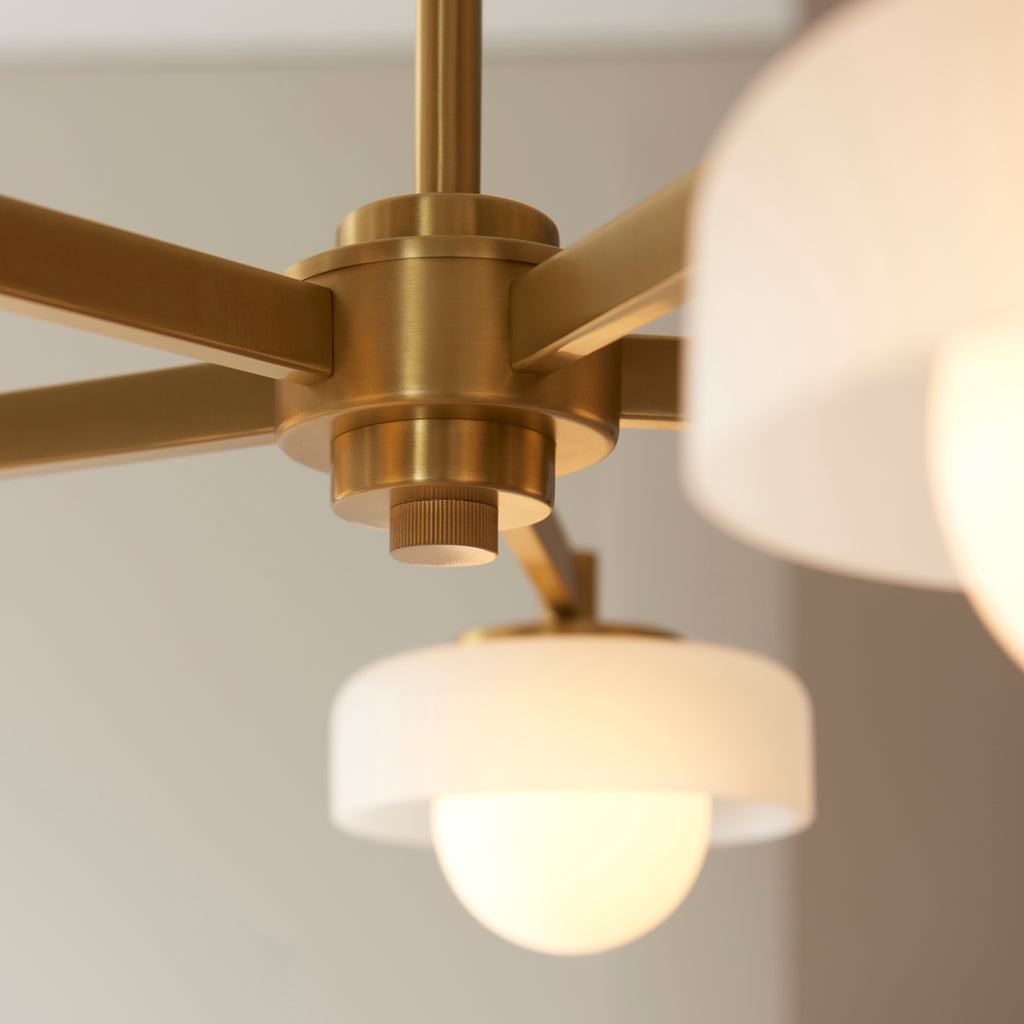 Endon Boss 5 Light Pendant in Brushed Aged Brass With Frosted and Opal Glass