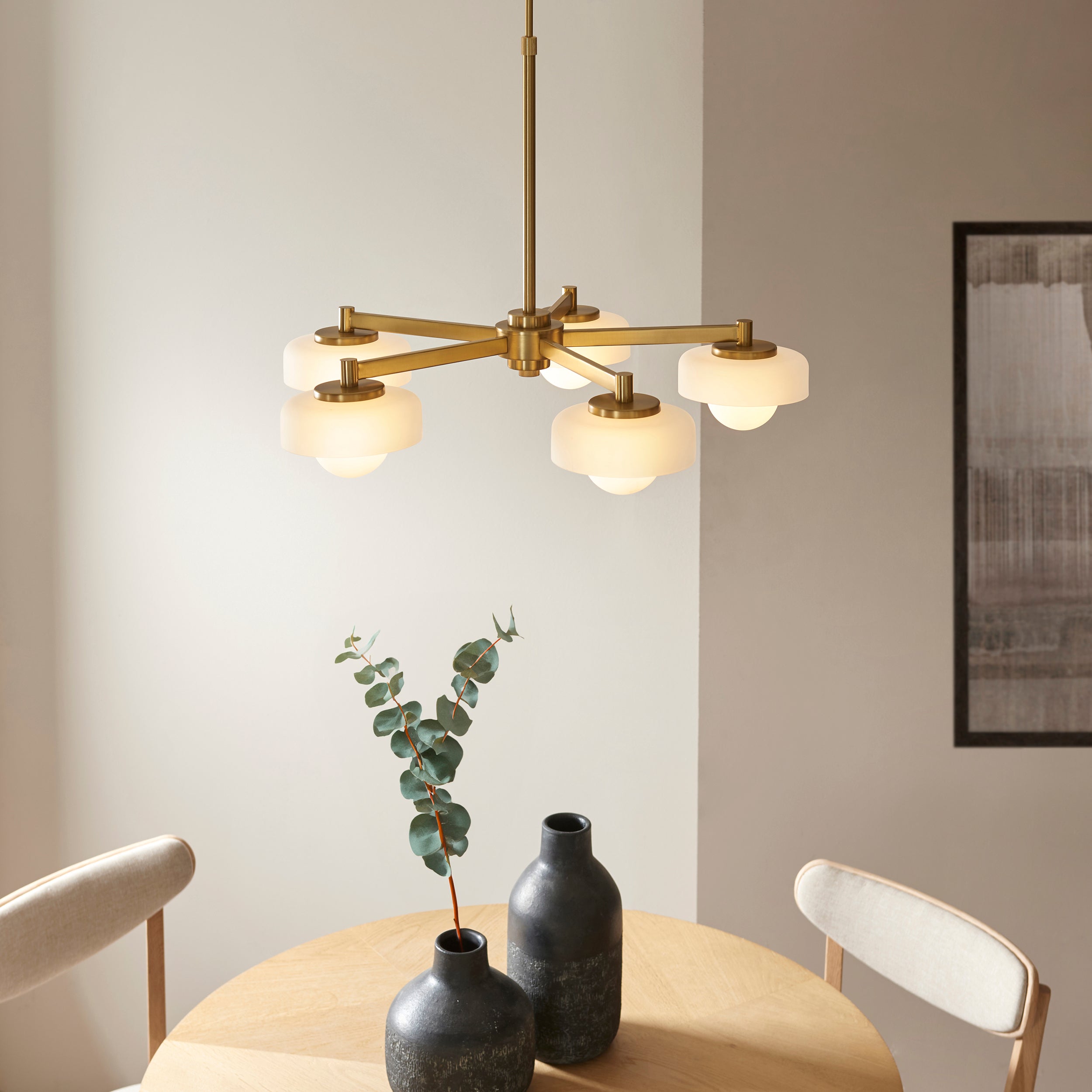 Endon Boss 5 Light Pendant in Brushed Aged Brass With Frosted and Opal Glass