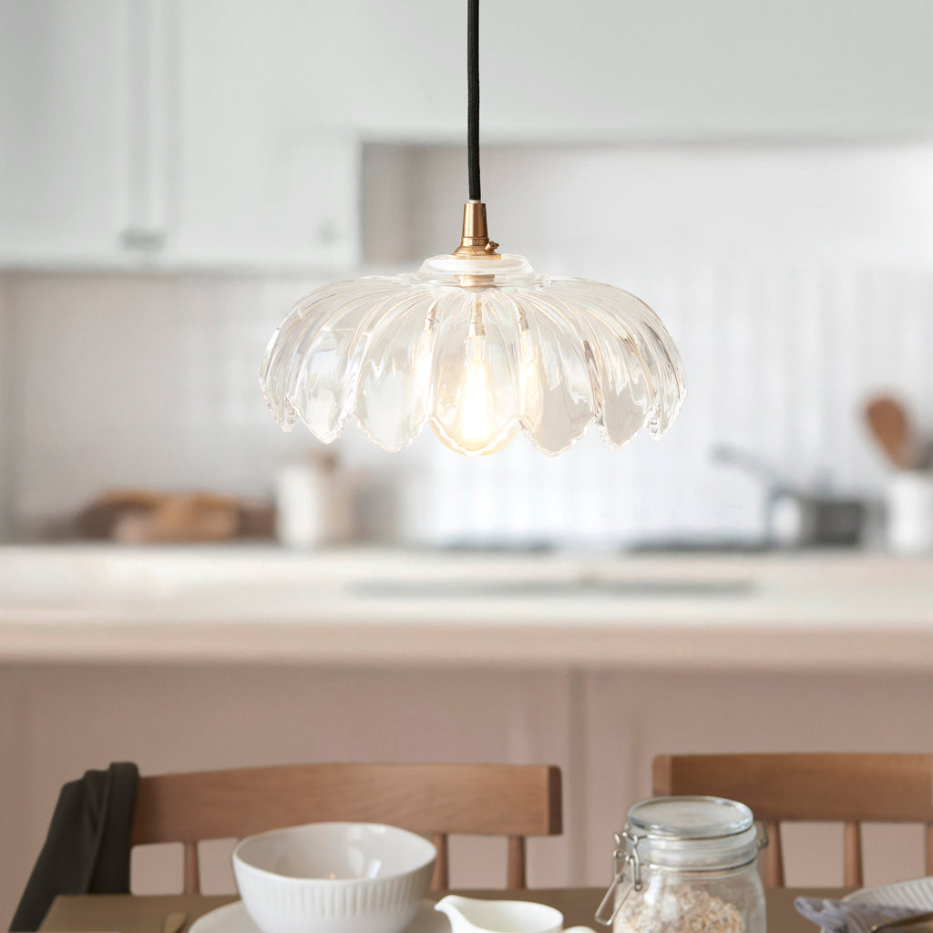 Endon Eltham and Camellia Pendant Light Clear Glass, Brushed Aged Brass and Black Braided Flex