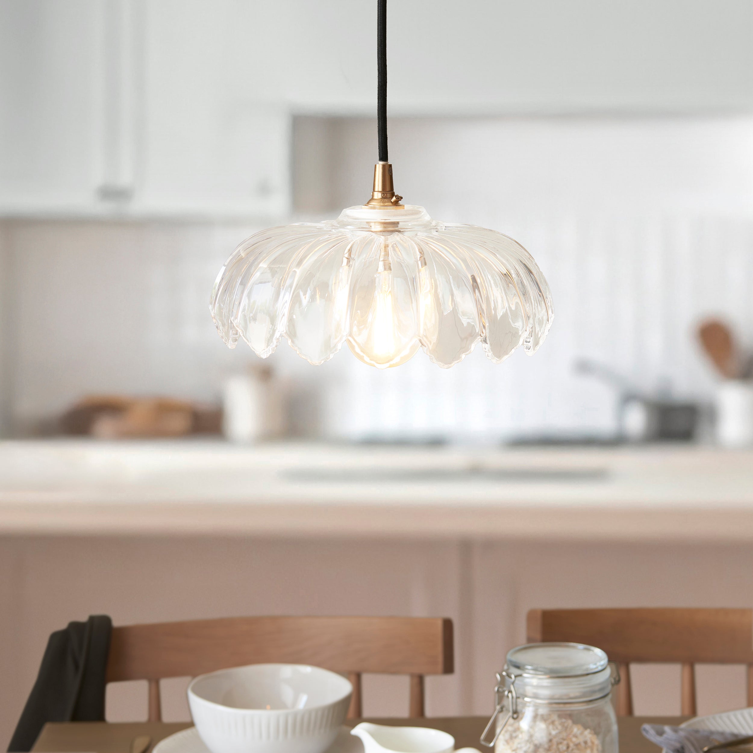 Endon Eltham and Camellia Pendant Light Clear Glass, Brushed Aged Brass and Black Braided Flex